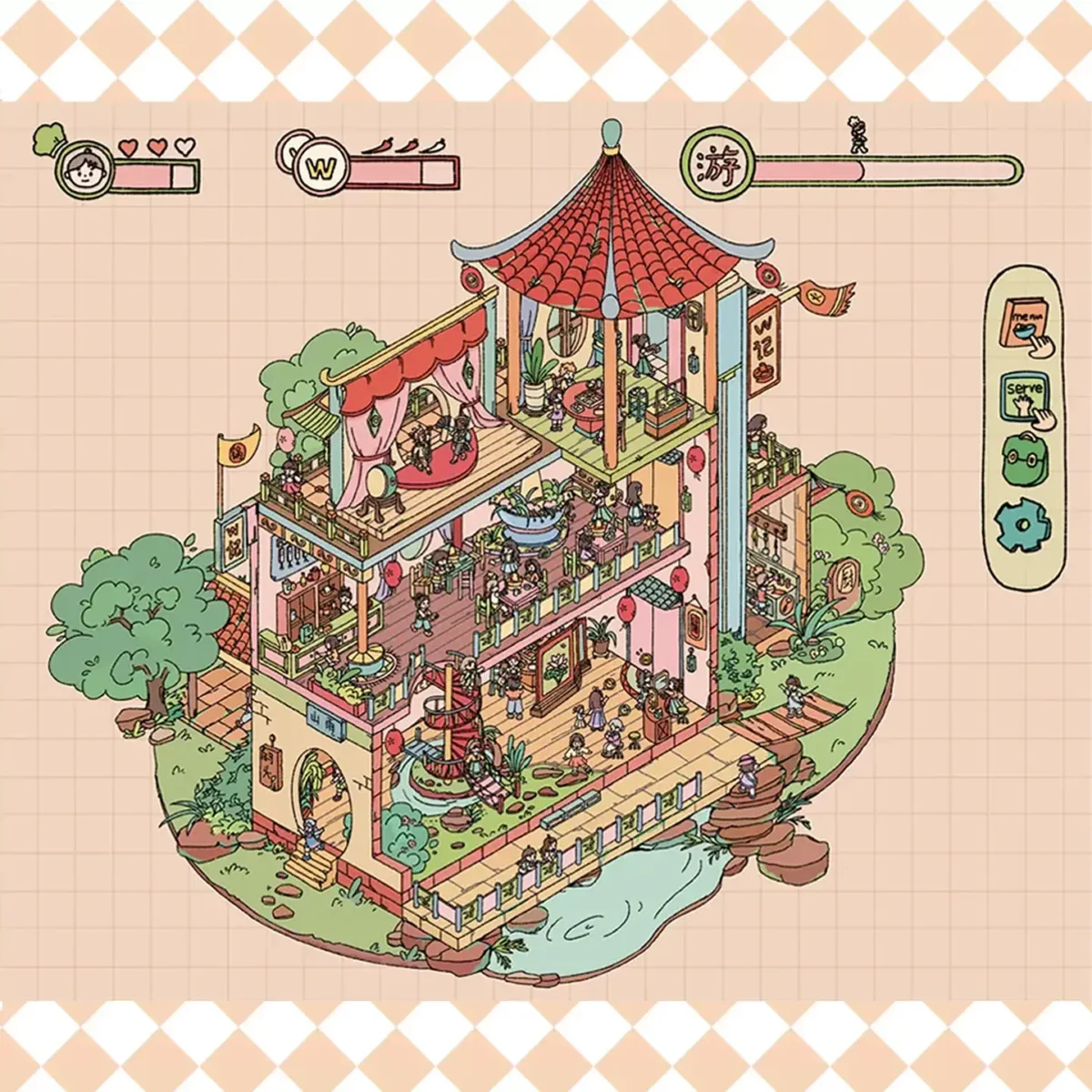 The Ancient Inn Charm | DIY Architectural Scene Stickers from ASMR Stickers brings a beautifully detailed 3D miniature inn to life. This architectural sticker scene features a multi-story traditional inn with red-tiled roofs, balconies, and intricately designed rooms, creating a nostalgic and immersive setting. The scene includes tiny figures engaging in daily activities, enhancing the vibrancy of the inn. Surrounding elements like lush trees, a small pond, and decorative lanterns add to the serene atmosphere. The interactive sticker design allows users to explore the charm of ancient architecture while enjoying a stress-relief ASMR experience. Perfect for DIY sticker decoration, planner embellishments, and creative journaling, this DIY architectural scene stickers is ideal for sticker collectors, ASMR enthusiasts, and architectural design lovers. Its high-quality, reusable design makes it a great addition to scrapbooks, historical crafts, and interactive sticker games. Experience the elegance of an ancient inn with this beautifully crafted sticker set!