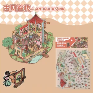 The Ancient Inn Charm | DIY Architectural Scene Stickers from ASMR Stickers brings a beautifully detailed 3D miniature inn to life. This architectural sticker scene features a multi-story traditional inn with red-tiled roofs, balconies, and intricately designed rooms, creating a nostalgic and immersive setting. The scene includes tiny figures engaging in daily activities, enhancing the vibrancy of the inn. Surrounding elements like lush trees, a small pond, and decorative lanterns add to the serene atmosphere. The interactive sticker design allows users to explore the charm of ancient architecture while enjoying a stress-relief ASMR experience. Perfect for DIY sticker decoration, planner embellishments, and creative journaling, this DIY architectural scene stickers is ideal for sticker collectors, ASMR enthusiasts, and architectural design lovers. Its high-quality, reusable design makes it a great addition to scrapbooks, historical crafts, and interactive sticker games. Experience the elegance of an ancient inn with this beautifully crafted sticker set!