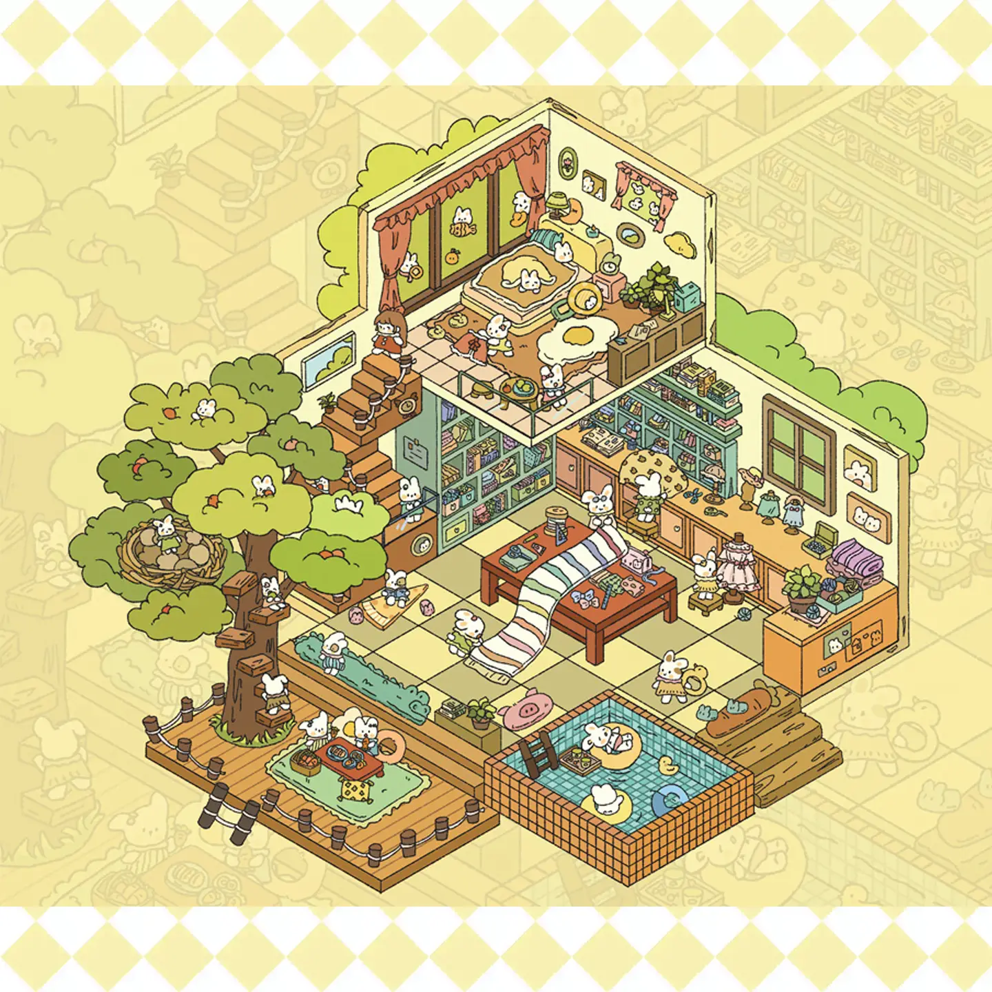 The Bunny Cottage | Cute Scene Stickers from ASMR Stickers brings a cozy and whimsical 3D miniature sticker scene to life. This charming cottage features multiple rooms, including a bedroom, living room, kitchen, and outdoor deck, creating a warm and inviting atmosphere. The scene showcases adorable bunny characters engaging in activities like reading, cooking, and relaxing, adding a playful touch. Detailed elements such as a bookshelf, a tree with a nest, a pool with a rubber duck, and tiny furniture enhance the realism and depth of the design. Perfect for DIY sticker decoration, planner embellishments, and creative journaling, this cute scene stickers is ideal for sticker collectors, ASMR enthusiasts, and interactive sticker games. Its high-quality, reusable design makes it a great addition to scrapbooks, kawaii-themed crafts, and creative expression. Experience the charm of Bunny Cottage with this beautifully crafted sticker set!
