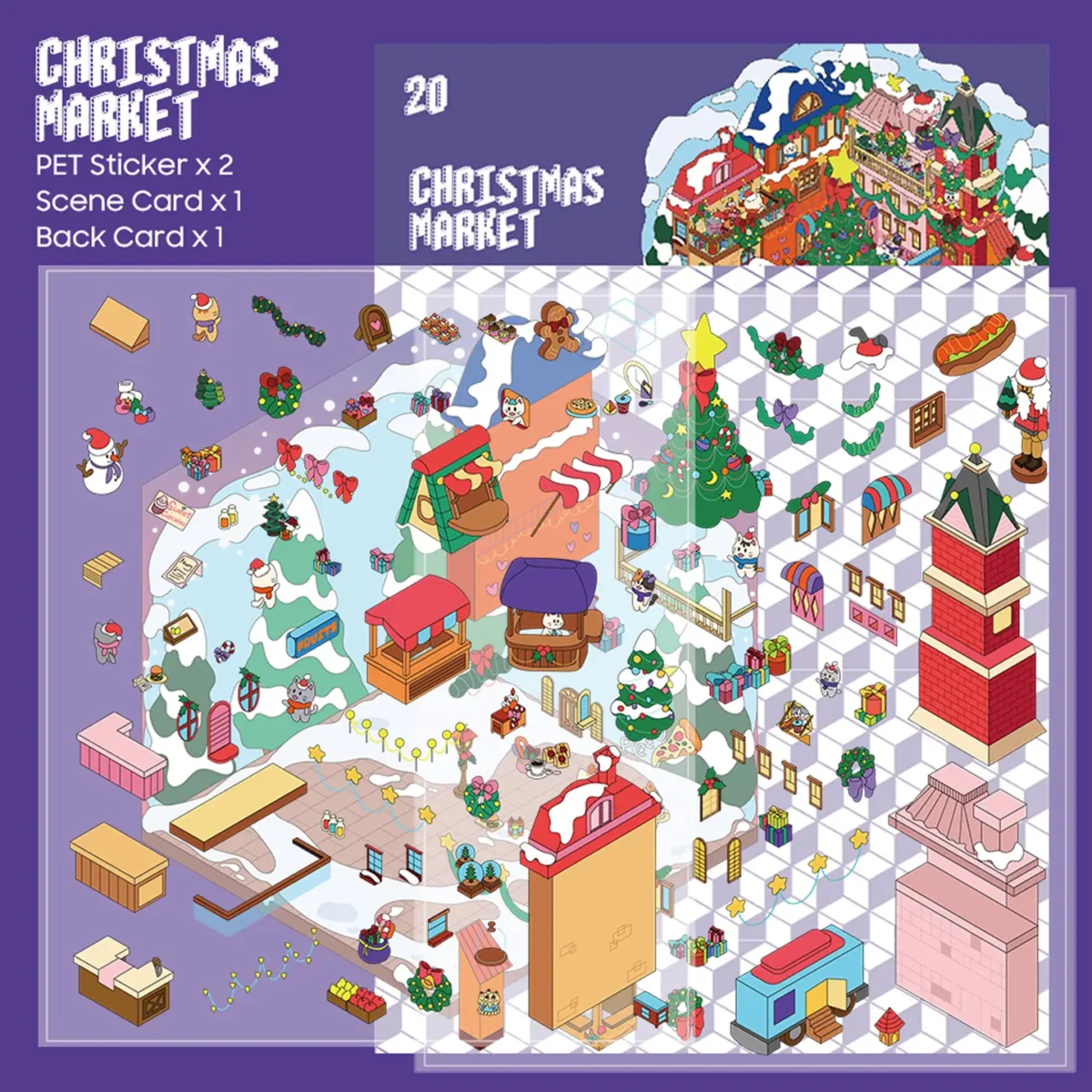 The Carnival | 3D Miniature Scene Stickers — Christmas Market from ASMR Stickers brings the magic of a festive holiday market to life. This 3D scene sticker features a bustling Christmas market with snow-covered rooftops, twinkling lights, and colorful stalls, creating a cozy winter atmosphere. At the heart of the scene is a beautifully decorated Christmas tree, surrounded by characters shopping, enjoying festive treats, and celebrating the holiday spirit. The market includes a pizza stall, a hot dog stand, and various festive booths, adding charm and vibrancy. The snowy mountains and starry night sky enhance the seasonal ambiance. Perfect for DIY sticker decoration, planner embellishments, and creative journaling, this 3D miniature scene stickers is ideal for sticker collectors, ASMR enthusiasts, and holiday lovers. Its high-quality, reusable design makes it a great addition to scrapbooks, Christmas crafts, and festive displays. Experience the joy of the holiday season with this beautifully crafted sticker set!