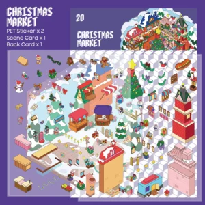 The Carnival | 3D Miniature Scene Stickers — Christmas Market from ASMR Stickers brings the magic of a festive holiday market to life. This 3D scene sticker features a bustling Christmas market with snow-covered rooftops, twinkling lights, and colorful stalls, creating a cozy winter atmosphere. At the heart of the scene is a beautifully decorated Christmas tree, surrounded by characters shopping, enjoying festive treats, and celebrating the holiday spirit. The market includes a pizza stall, a hot dog stand, and various festive booths, adding charm and vibrancy. The snowy mountains and starry night sky enhance the seasonal ambiance. Perfect for DIY sticker decoration, planner embellishments, and creative journaling, this 3D miniature scene stickers is ideal for sticker collectors, ASMR enthusiasts, and holiday lovers. Its high-quality, reusable design makes it a great addition to scrapbooks, Christmas crafts, and festive displays. Experience the joy of the holiday season with this beautifully crafted sticker set!