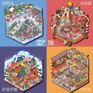 The Carnival | 3D Miniature Scene Stickers from ASMR Stickers bring four vibrant festival-themed settings to life. This miniature sticker collection features Circus, Christmas Market, Snack Street, and Ski Resort, each designed with intricate details and lively characters. The Circus scene showcases performers, animals, and colorful tents, capturing the excitement of a carnival. The Christmas Market is filled with festive decorations, market stalls, and a glowing holiday tree, creating a cozy winter atmosphere. The Snack Street highlights bustling food vendors, traditional architecture, and people enjoying delicious street snacks. The Ski Resort features snowy landscapes, ski lifts, and winter activities, bringing a fun seasonal vibe. Perfect for DIY sticker decoration, planner embellishments, and creative journaling, this 3D miniature scene stickers is ideal for sticker collectors, ASMR enthusiasts, and interactive sticker games. Its high-quality, reusable design makes it a great addition to scrapbooks, holiday crafts, and creative expression. Experience the magic of festivals with this beautifully crafted sticker collection!