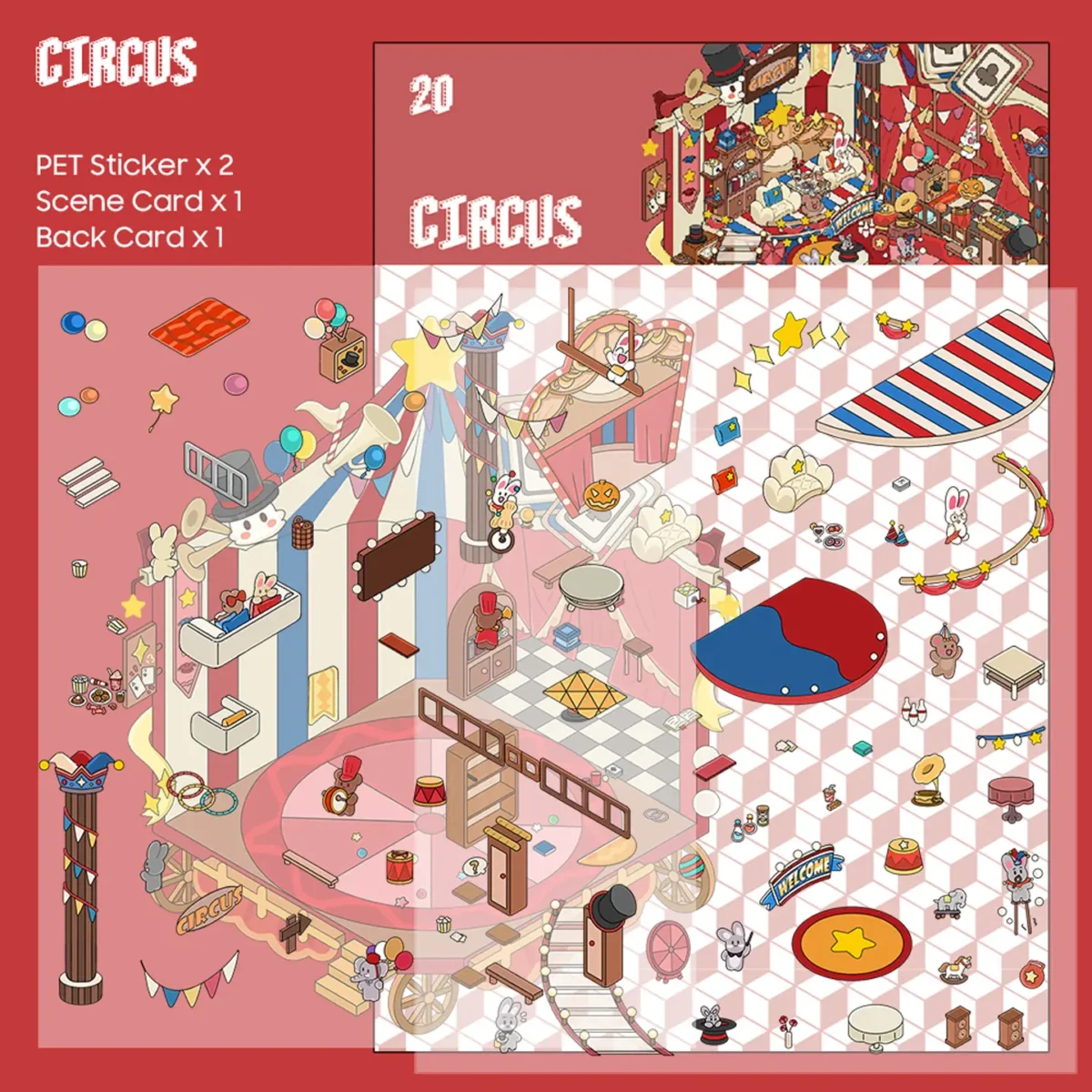 The Carnival | 3D Miniature Scene Stickers — Circus from ASMR Stickers brings the excitement of a lively circus to life. This 3D scene sticker features a colorful circus tent filled with adorable animal performers, playful props, and festive decorations, creating a whimsical and engaging atmosphere. The scene showcases rabbits dressed as magicians, acrobats, and musicians, alongside circus essentials like drums, a unicycle, a cannon, and a “Welcome” sign. The vibrant banners, balloons, and stars enhance the joyful setting, making it visually captivating. Perfect for DIY sticker decoration, planner embellishments, and creative journaling, this 3D miniature scene stickers is ideal for sticker collectors, ASMR enthusiasts, and interactive sticker games. Its high-quality, reusable design makes it a great addition to scrapbooks, carnival-themed crafts, and creative expression. Experience the magic of the circus with this beautifully crafted sticker set!