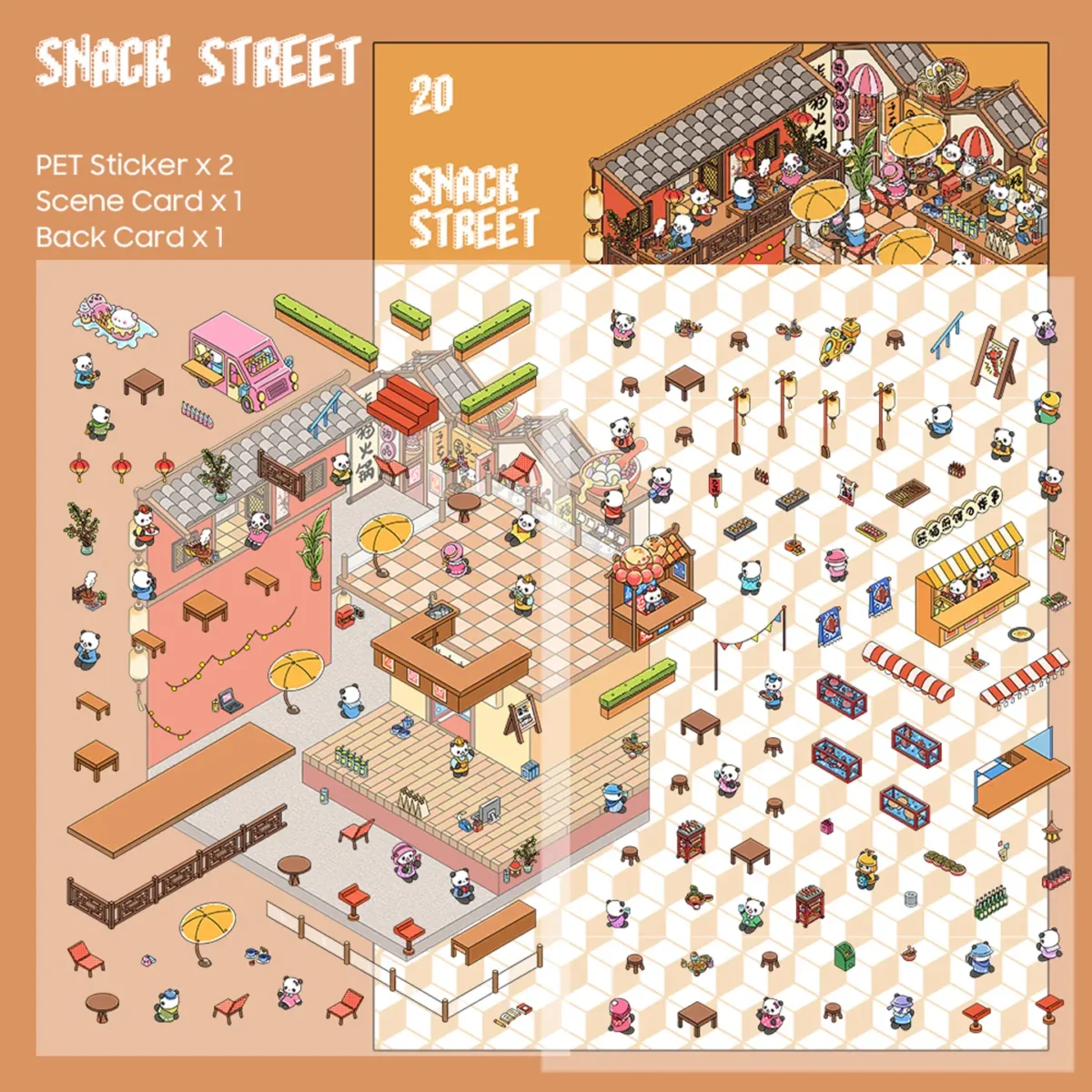 The Carnival | 3D Miniature Scene Stickers — Snack Street from ASMR Stickers brings a lively street food market to life. This 3D scene sticker features a bustling snack street filled with colorful stalls, food trucks, and outdoor seating areas, creating a vibrant and festive atmosphere. The scene showcases adorable panda characters enjoying delicious street food, shopping, and interacting with vendors. Various stalls offer seafood, sweets, and beverages, while decorative elements like umbrellas, lanterns, and banners enhance the market’s charm. The intricate details make this sticker visually engaging and dynamic. Perfect for DIY sticker decoration, planner embellishments, and creative journaling, this 3D miniature scenestickers is ideal for sticker collectors, ASMR enthusiasts, and interactive sticker games. Its high-quality, reusable design makes it a great addition to scrapbooks, food-themed crafts, and creative expression. Experience the joy of a bustling snack street with this beautifully crafted sticker set!