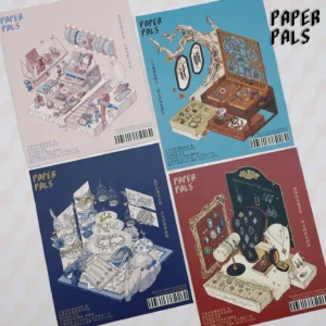 The Dreams of Jewelry | Scene Arrangement Stickers from ASMR Stickers bring elegant jewelry-themed designs to life. This 3D scene sticker collection features four intricate settings, each showcasing a unique jewelry display. The designs include a pastel-colored jewelry workshop with tools and accessories, a vintage wooden jewelry box surrounded by decorative elements, a luxurious multi-tiered jewelry display with ornate cages, and a classic red-themed jewelry showcase filled with rings and necklaces. The detailed artwork enhances the charm and sophistication of each scene. Perfect for DIY sticker decoration, planner embellishments, and creative journaling, this scene arrangement stickers is ideal for sticker collectors, ASMR enthusiasts, and jewelry lovers. Its high-quality, reusable design makes it a great addition to scrapbooks, fashion-themed crafts, and creative expression.