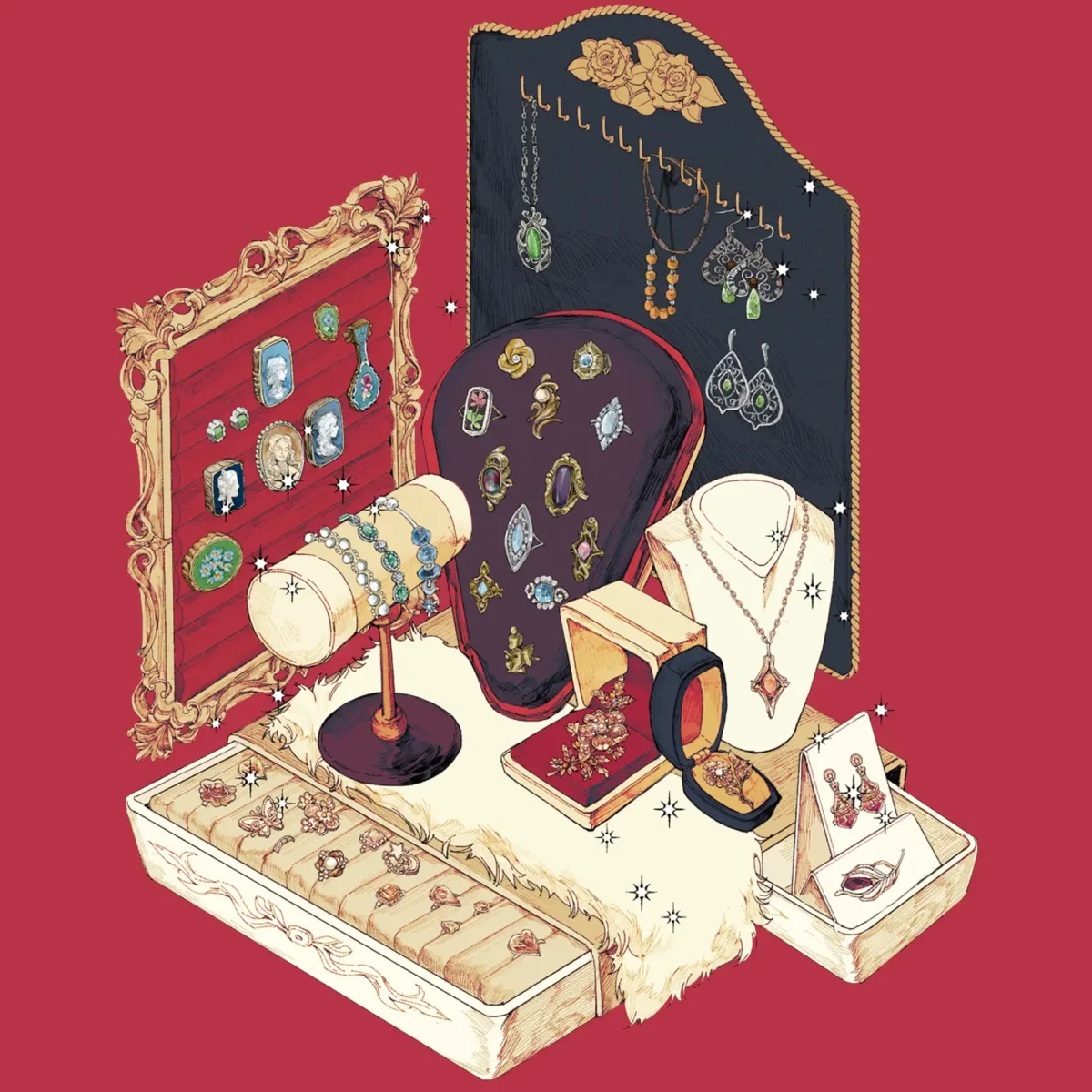 The Dreams of Jewelry | Scene Arrangement Stickers from ASMR Stickers bring elegance and creativity to life. This 3D scene sticker collection features intricate jewelry-themed designs, showcasing rings, necklaces, earrings, and bracelets in beautifully arranged displays. Each sticker presents a unique jewelry setting, including a pastel-colored workshop with tools, a vintage wooden jewelry box, a luxurious multi-tiered display with ornate cages, and a classic red-themed showcase filled with accessories. The detailed artwork enhances the charm and sophistication of each scene. Perfect for DIY sticker decoration, planner embellishments, and creative journaling, this scene arrangement stickers is ideal for sticker collectors, ASMR enthusiasts, and jewelry lovers. Its high-quality, reusable design makes it a great addition to scrapbooks, fashion-themed crafts, and creative expression. Step into a world of timeless beauty with this exquisitely crafted sticker set!