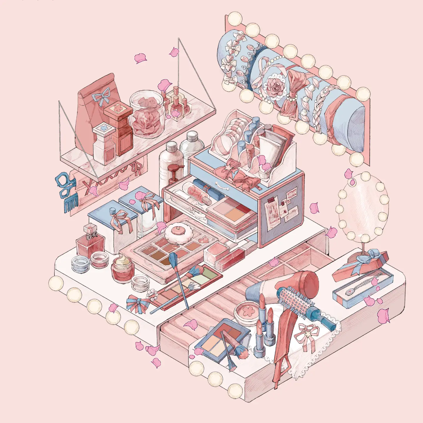 The Dreams of Jewelry | Scene Arrangement Stickers from ASMR Stickers bring elegance and creativity to life. This 3D scene sticker features a beautifully detailed vanity table adorned with mirrors, lights, makeup products, brushes, lipsticks, and eyeshadow palettes, creating a luxurious beauty setup. The scene includes perfume bottles, skincare products, and gift boxes tied with ribbons, adding charm and sophistication. A shelf above the vanity holds nail polish and cotton pads, while scattered rose petals enhance the romantic aesthetic. The intricate details make this sticker perfect for DIY decoration, planner embellishments, and creative journaling. Ideal for sticker collectors, ASMR enthusiasts, and beauty lovers, this scene arrangement stickers offers a stress-relief experience with its high-quality, reusable design. Whether used for scrapbooks, fashion-themed crafts, or creative expression, this sticker set captures the essence of a dreamy vanity setup! You can find more details here.