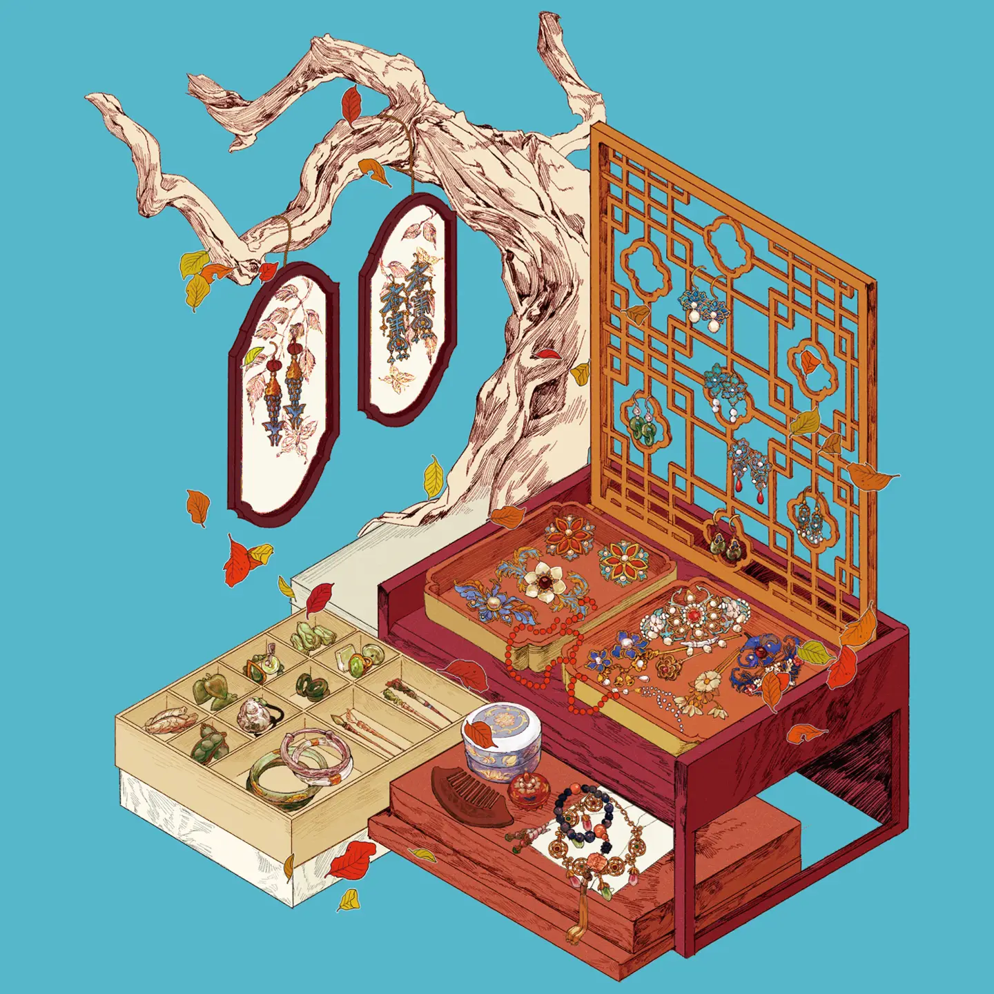 The Dreams of Jewelry | Scene Arrangement Stickers from ASMR Stickers bring elegance and creativity to life. This 3D scene sticker features a beautifully detailed jewelry display, showcasing rings, bracelets, necklaces, and earrings in an ornate wooden jewelry box. The jewelry box is designed with traditional Asian motifs, including a lattice screen adorned with hanging jewelry. The background features a stylized tree with branches and leaves, adding a natural and artistic touch. Two framed pictures of jewelry hang on the wall, enhancing the luxurious aesthetic. Perfect for DIY sticker decoration, planner embellishments, and creative journaling, this scene arrangement stickers is ideal for sticker collectors, ASMR enthusiasts, and jewelry lovers. Its high-quality, reusable design makes it a great addition to scrapbooks, fashion-themed crafts, and creative expression. Step into a world of timeless beauty with this exquisitely crafted sticker set!