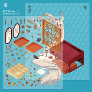The Dreams of Jewelry | Scene Arrangement Stickers from ASMR Stickers bring elegance and creativity to life. This 3D scene sticker features a beautifully detailed jewelry display, showcasing rings, bracelets, necklaces, and earrings in an ornate wooden jewelry box. The jewelry box is designed with traditional Asian motifs, including a lattice screen adorned with hanging jewelry. The background features a stylized tree with branches and leaves, adding a natural and artistic touch. Two framed pictures of jewelry hang on the wall, enhancing the luxurious aesthetic. Perfect for DIY sticker decoration, planner embellishments, and creative journaling, this scene arrangement stickers is ideal for sticker collectors, ASMR enthusiasts, and jewelry lovers. Its high-quality, reusable design makes it a great addition to scrapbooks, fashion-themed crafts, and creative expression. Step into a world of timeless beauty with this exquisitely crafted sticker set!