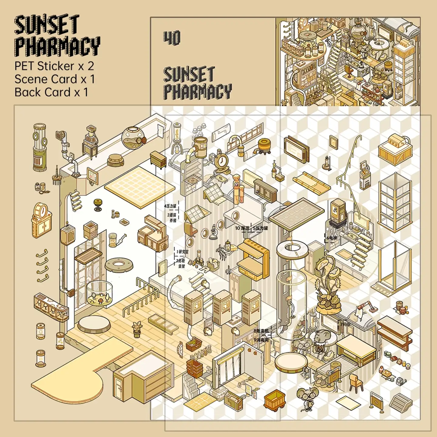 The Echoes of the Wasteland | Miniature Scene Stickers — Twilight Pharmacy from ASMR Stickers brings a mysterious post-apocalyptic pharmacy to life. This 3D scene sticker features a multi-level pharmacy filled with shelves of medicine, glowing lights, and intricate steampunk-inspired decor, creating an immersive and atmospheric setting. The scene showcases characters engaged in various activities, such as mixing potions, organizing supplies, and exploring hidden compartments, adding depth and storytelling. The pharmacy is designed with pipes, gears, and vintage machinery, enhancing its dystopian aesthetic. The detailed artwork makes this sticker visually captivating and unique. Perfect for DIY sticker decoration, planner embellishments, and creative journaling, this miniature scene stickers is ideal for sticker collectors, ASMR enthusiasts, and fans of dystopian world-building. Its high-quality, reusable design makes it a great addition to scrapbooks, sci-fi crafts, and immersive storytelling. Step into the intriguing world of Twilight Pharmacy with this beautifully crafted sticker set!