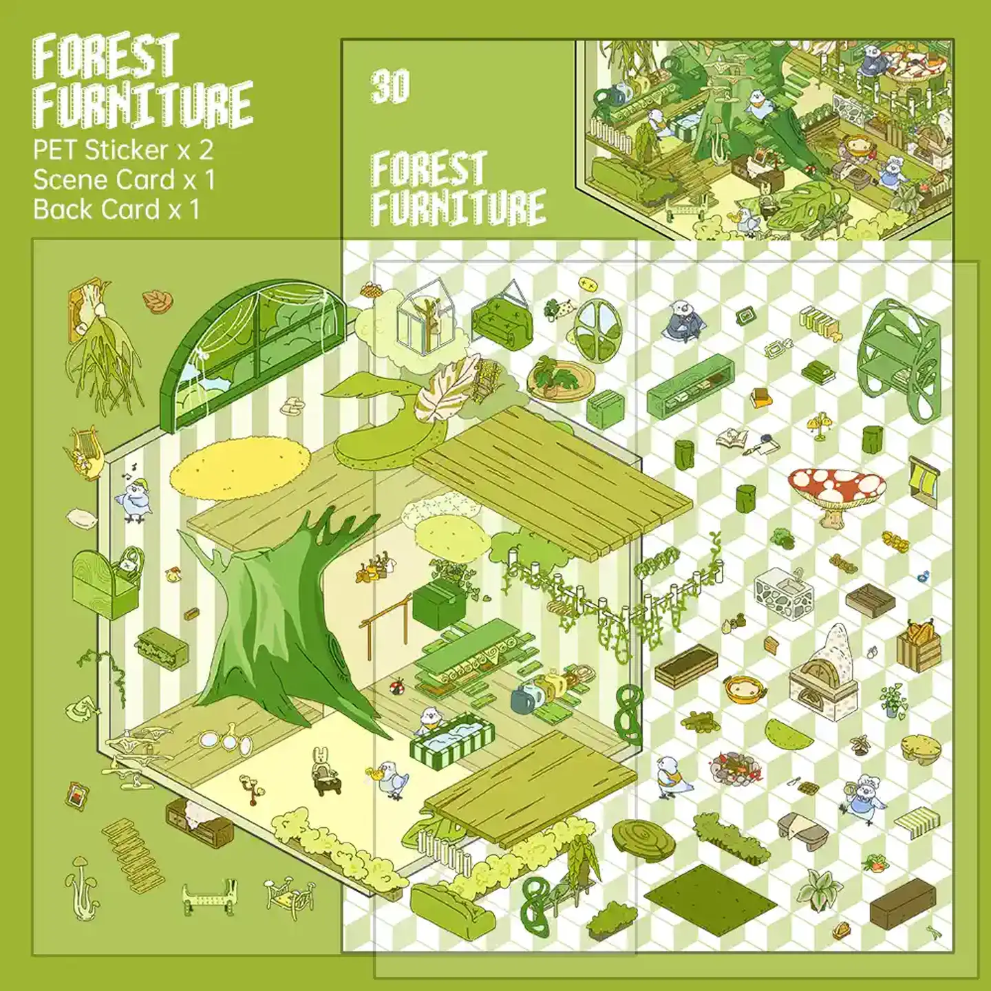 The Fantasy Kingdom | Scene Stickers — Forest Furniture Store from ASMR Stickers brings a whimsical woodland shop to life. This 3D scene sticker features a cozy forest setting filled with handcrafted wooden furniture, lush greenery, and charming animal characters, creating an enchanting and immersive atmosphere. The scene showcases adorable birds and woodland creatures interacting with furniture, crafting items, and relaxing in the natural surroundings, adding depth and storytelling. The hammock, swing, dining area, and workstations blend seamlessly with the forest environment, enhancing the rustic aesthetic. The intricate details make this sticker visually captivating and unique. Perfect for DIY sticker decoration, planner embellishments, and creative journaling, this scene stickers is ideal for sticker collectors, ASMR enthusiasts, and fantasy lovers. Its high-quality, reusable design makes it a great addition to scrapbooks, themed crafts, and immersive storytelling. Step into the magical world of the Forest Furniture Store with this beautifully crafted sticker set!