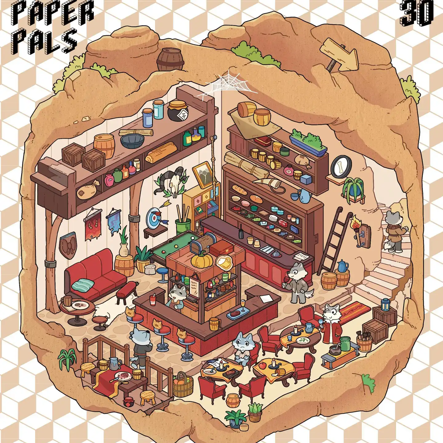 The Fantasy Kingdom | Scene Stickers — Full Moon Bar from ASMR Stickers brings a cozy and whimsical tavern to life. This 3D scene sticker features a cave-like bar setting filled with wooden shelves, glowing lanterns, and an assortment of drinks, creating a warm and inviting atmosphere. The scene showcases adorable animals enjoying beverages, playing games, and engaging in lively conversations, adding charm and storytelling. The bar counter is stocked with bottles, jars, and decorative elements, while the seating areas include tables, chairs, and cozy corners, enhancing the immersive experience. The intricate details make this sticker visually captivating and unique. Perfect for DIY sticker decoration, planner embellishments, and creative journaling, this scene stickers is ideal for sticker collectors, ASMR enthusiasts, and fantasy lovers. Its high-quality, reusable design makes it a great addition to scrapbooks, themed crafts, and immersive storytelling. Step into the enchanting world of Full Moon Bar with this beautifully crafted sticker set!