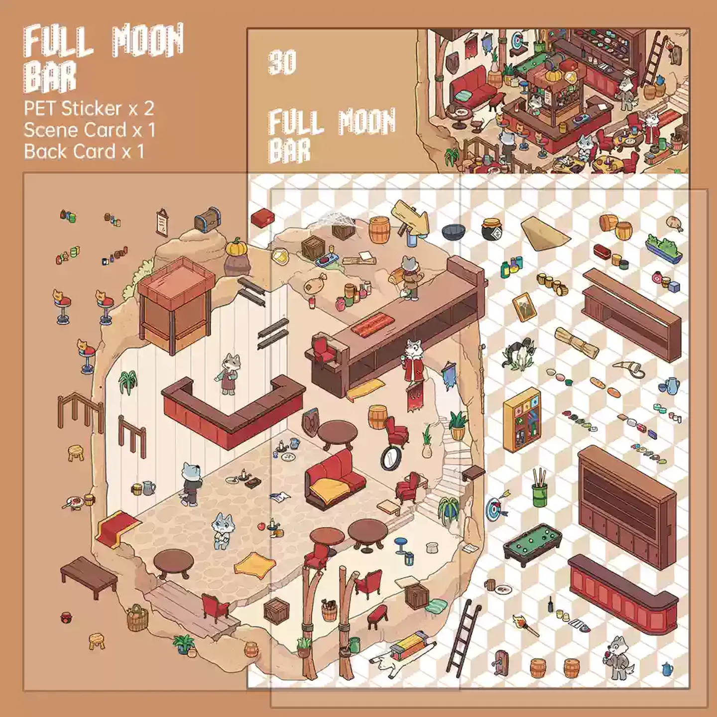 The Fantasy Kingdom | Scene Stickers — Full Moon Bar from ASMR Stickers brings a cozy and whimsical tavern to life. This 3D scene sticker features a cave-like bar setting filled with wooden shelves, glowing lanterns, and an assortment of drinks, creating a warm and inviting atmosphere. The scene showcases adorable animals enjoying beverages, playing games, and engaging in lively conversations, adding charm and storytelling. The bar counter is stocked with bottles, jars, and decorative elements, while the seating areas include tables, chairs, and cozy corners, enhancing the immersive experience. The intricate details make this sticker visually captivating and unique. Perfect for DIY sticker decoration, planner embellishments, and creative journaling, this scene stickers is ideal for sticker collectors, ASMR enthusiasts, and fantasy lovers. Its high-quality, reusable design makes it a great addition to scrapbooks, themed crafts, and immersive storytelling. Step into the enchanting world of Full Moon Bar with this beautifully crafted sticker set!