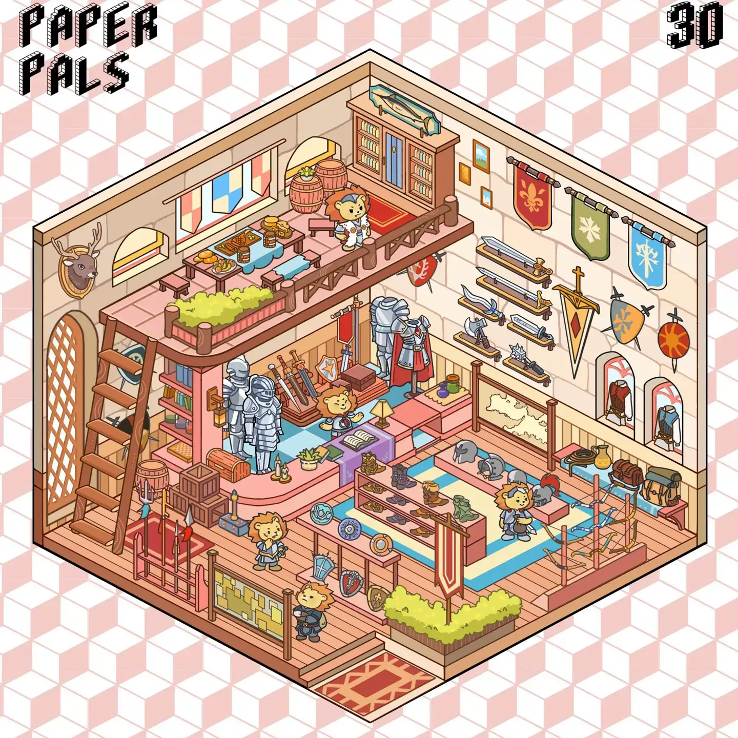 The Fantasy Kingdom | Scene Stickers — Knight's Shop from ASMR Stickers brings a medieval-themed armory to life. This 3D scene sticker features a two-level knight’s shop filled with armor suits, swords, shields, and banners, creating an immersive fantasy setting. The scene showcases adorable animal characters exploring the shop, trying on helmets, and inspecting weapons, adding charm and storytelling. The upper level includes a cozy reading nook, barrels, and a table with food items, while the lower level displays knightly gear, books, and decorative plants, enhancing the medieval atmosphere. The intricate details make this sticker visually captivating and unique. Perfect for DIY sticker decoration, planner embellishments, and creative journaling, this scene stickers is ideal for sticker collectors, ASMR enthusiasts, and fantasy lovers. Its high-quality, reusable design makes it a great addition to scrapbooks, themed crafts, and immersive storytelling. Step into the world of knights and adventure with this beautifully crafted sticker set!