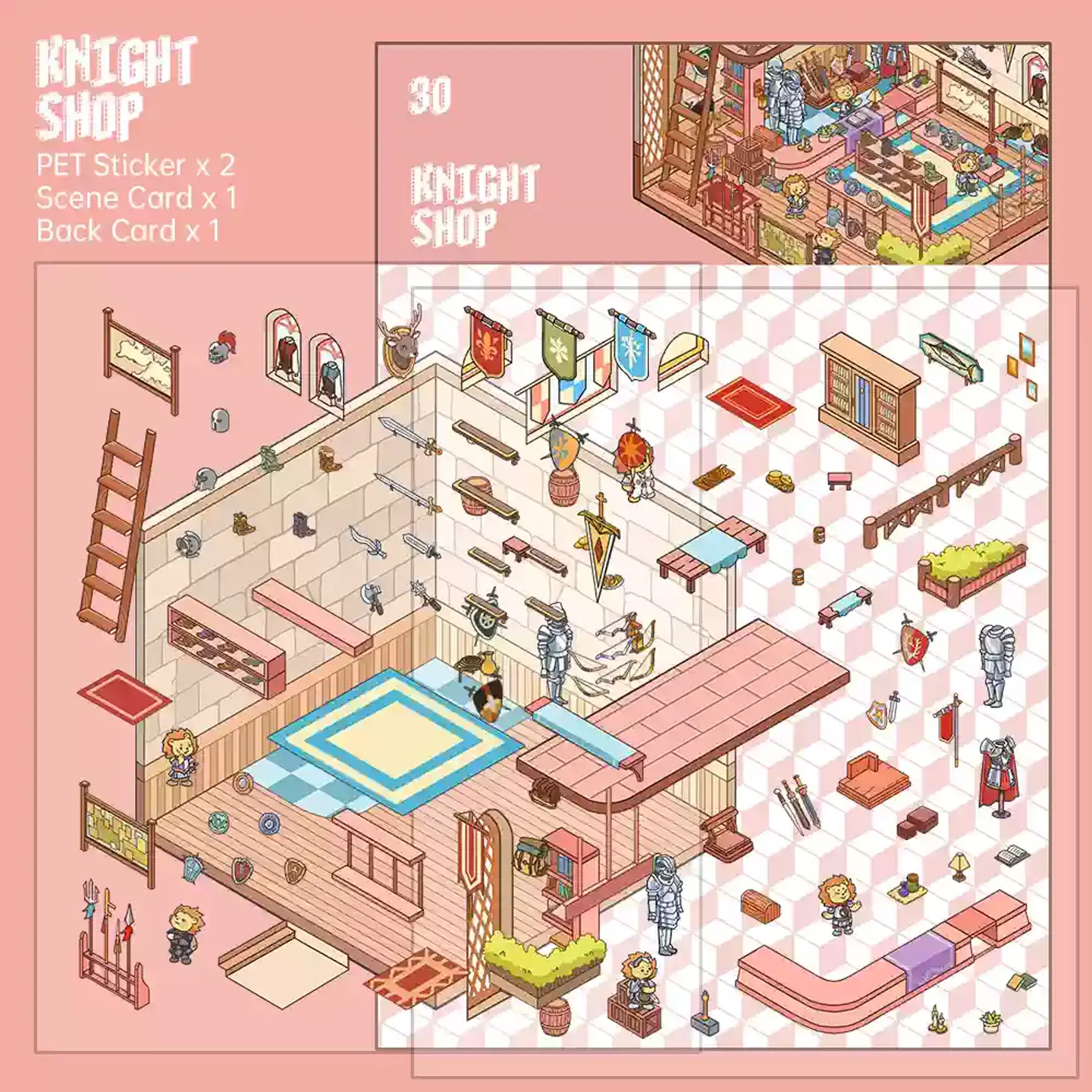 The Fantasy Kingdom | Scene Stickers — Knight's Shop from ASMR Stickers brings a medieval-themed armory to life. This 3D scene sticker features a two-level knight’s shop filled with armor suits, swords, shields, and banners, creating an immersive fantasy setting. The scene showcases adorable animal characters exploring the shop, trying on helmets, and inspecting weapons, adding charm and storytelling. The upper level includes a cozy reading nook, barrels, and a table with food items, while the lower level displays knightly gear, books, and decorative plants, enhancing the medieval atmosphere. The intricate details make this sticker visually captivating and unique. Perfect for DIY sticker decoration, planner embellishments, and creative journaling, this scene stickers is ideal for sticker collectors, ASMR enthusiasts, and fantasy lovers. Its high-quality, reusable design makes it a great addition to scrapbooks, themed crafts, and immersive storytelling. Step into the world of knights and adventure with this beautifully crafted sticker set!