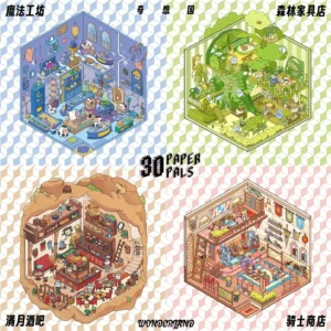 The Fantasy Kingdom | Scene Stickers from ASMR Stickers bring four enchanting miniature worlds to life. This 3D scene sticker collection features Magic Workshop, Knight's Shop, Full Moon Bar, and Forest Furniture Store, each designed with intricate details and a whimsical fantasy theme. Magic Workshop showcases a mystical space filled with potions, spell books, and magical artifacts, creating an immersive sorcerer’s retreat. Knight's Shop presents a medieval armory with swords, shields, and armor, perfect for aspiring warriors and adventurers. Full Moon Bar offers a cozy tavern setting with wooden barrels, glowing lanterns, and a variety of drinks, capturing the essence of a fantasy pub. Forest Furniture Store is nestled within lush greenery, displaying handcrafted wooden furniture, decorative plants, and charming rustic designs, adding a natural touch to the collection. Perfect for DIY sticker decoration, planner embellishments, and creative journaling, these scene stickers are ideal for sticker collectors, ASMR enthusiasts, and fantasy lovers. Their high-quality, reusable design makes them great for scrapbooks, themed crafts, and immersive storytelling. Step into a world of magic and adventure with this beautifully crafted sticker set!