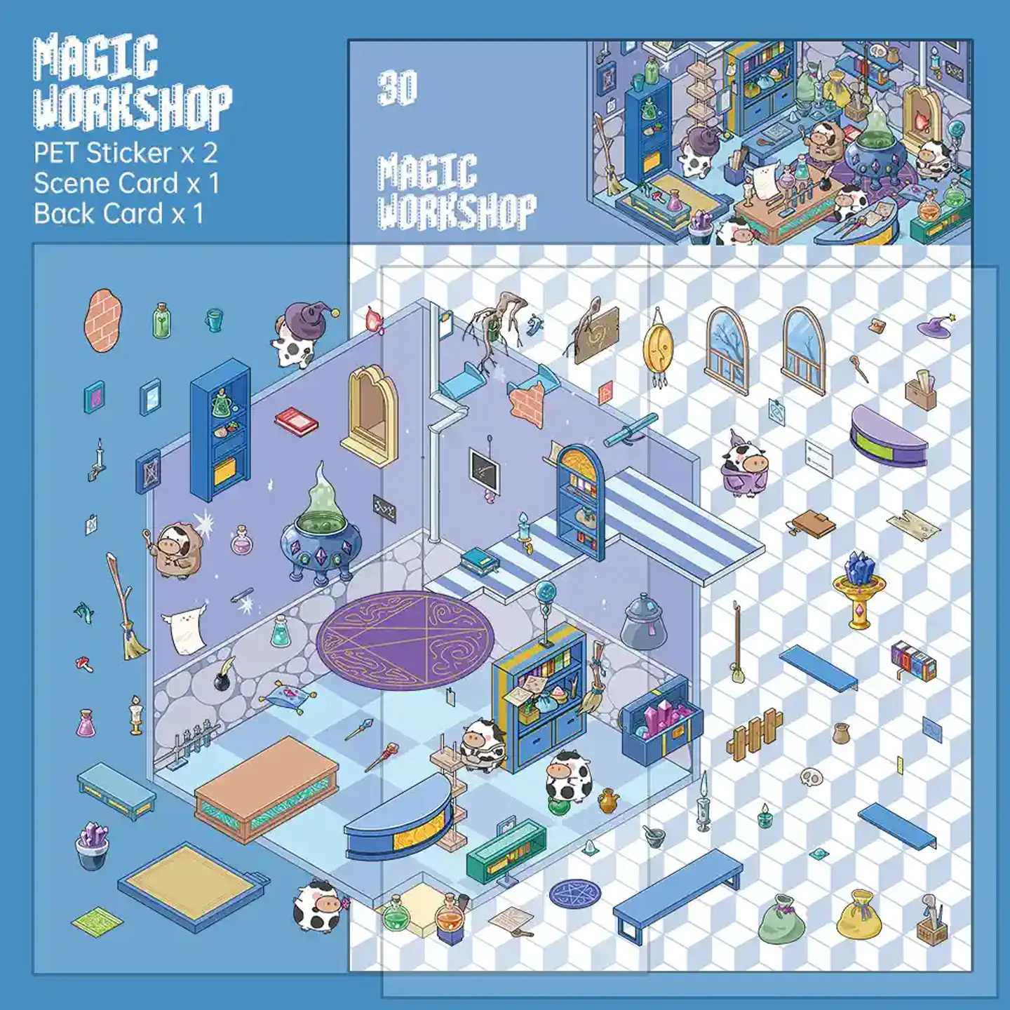 The Fantasy Kingdom | Scene Stickers — Magic Workshop from ASMR Stickers brings a whimsical and enchanting miniature world to life. This 3D scene sticker features a cozy, mystical workshop filled with potions, spell books, alchemical tools, and magical artifacts, creating an immersive fantasy setting. The scene showcases adorable cow characters engaged in various activities, such as mixing potions, reading scrolls, and organizing magical tools, adding depth and storytelling. The fireplace with a glowing flame, shelves lined with mystical items, and windows revealing a serene outdoor view enhance the magical ambiance. The intricate details make this sticker visually captivating and unique. Perfect for DIY sticker decoration, planner embellishments, and creative journaling, this scene stickers is ideal for sticker collectors, ASMR enthusiasts, and fantasy lovers. Its high-quality, reusable design makes it a great addition to scrapbooks, themed crafts, and immersive storytelling. Step into a world of magic and wonder with this beautifully crafted sticker set!