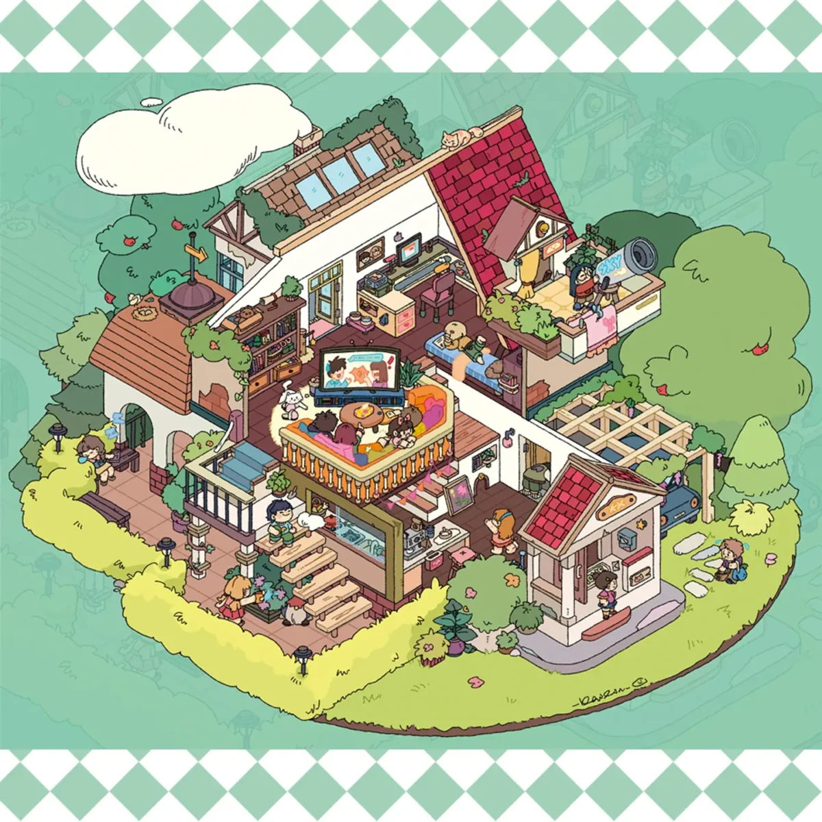 The Island Villa | Scene Stickers ASMR from ASMR Stickers brings a charming tropical retreat to life. This 3D scene sticker features a cozy multi-level villa with a living room, kitchen, study area, and bedroom, creating a relaxing island getaway. The scene includes lush gardens, a telescope for stargazing, and characters engaging in activities like reading, playing, and relaxing, enhancing the immersive experience. The villa is surrounded by trees with red fruits, a well-maintained pathway, and decorative elements, adding to its serene atmosphere. Perfect for DIY sticker decoration, planner embellishments, and creative journaling, this scene stickers ASMR is ideal for sticker collectors, ASMR enthusiasts, and interactive sticker games. Its high-quality, reusable design makes it a great addition to scrapbooks, holiday crafts, and creative expression. Escape to a peaceful island villa with this beautifully crafted sticker set!