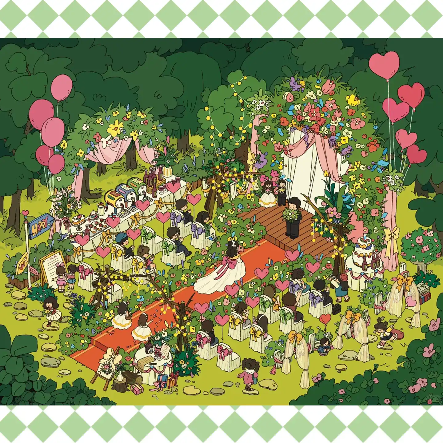 The Lawn Wedding | Miniature Scene Stickers from ASMR Stickers beautifully captures the charm of an outdoor wedding celebration. This 3D scene sticker features a picturesque setting with lush greenery, floral decorations, and heart-shaped balloons, creating a romantic and festive atmosphere. The scene showcases a bride walking down a red carpet toward the altar, where the groom awaits, surrounded by guests seated at elegantly decorated tables. Additional details include a tiered wedding cake, gift boxes, and a cozy reception area, enhancing the joyful ambiance. Perfect for DIY sticker decoration, planner embellishments, and creative journaling, this miniature scene stickers is ideal for sticker collectors, ASMR enthusiasts, and interactive sticker games. Its high-quality, reusable design makes it a great addition to scrapbooks, wedding-themed crafts, and creative expression. Celebrate love and happiness with this beautifully crafted sticker set!