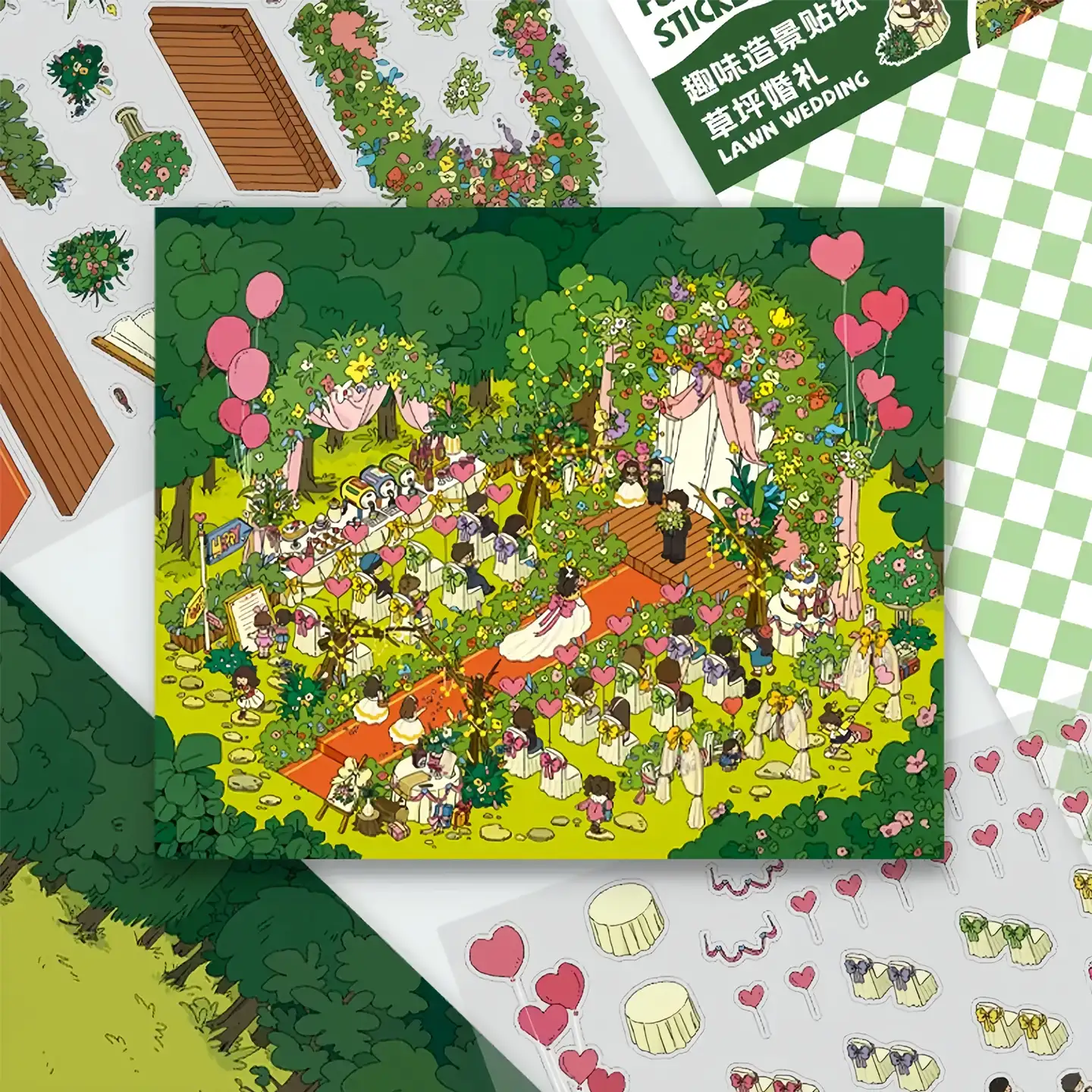 The Lawn Wedding | Miniature Scene Stickers from ASMR Stickers beautifully captures the charm of an outdoor wedding celebration. This 3D scene sticker features a picturesque setting with lush greenery, floral decorations, and heart-shaped balloons, creating a romantic and festive atmosphere. The scene showcases a bride walking down a red carpet toward the altar, where the groom awaits, surrounded by guests seated at elegantly decorated tables. Additional details include a tiered wedding cake, gift boxes, and a cozy reception area, enhancing the joyful ambiance. Perfect for DIY sticker decoration, planner embellishments, and creative journaling, this miniature scene stickers is ideal for sticker collectors, ASMR enthusiasts, and interactive sticker games. Its high-quality, reusable design makes it a great addition to scrapbooks, wedding-themed crafts, and creative expression. Celebrate love and happiness with this beautifully crafted sticker set!