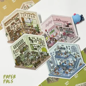 The Life Party | 3D Scene Stickers from ASMR Stickers bring four lively home environments to life. This miniature sticker collection features a living room, gaming room, kitchen, and bedroom, each designed with intricate details and vibrant colors. Living Room showcases a cozy space with plush furniture, decorative plants, and a warm ambiance, creating a welcoming atmosphere. Gaming Room is packed with gaming consoles, screens, controllers, and neon lights, capturing the excitement of a gamer’s paradise. Kitchen highlights a bustling cooking area with stoves, baking tools, fresh ingredients, and delicious meals, making it perfect for food lovers. Bedroom presents a relaxing retreat with a comfy bed, personal items, and a computer setup, reflecting a cozy and personalized space. Perfect for DIY sticker decoration, planner embellishments, and creative journaling, these 3D scene stickers are ideal for sticker collectors, ASMR enthusiasts, and home decor lovers. Their high-quality, reusable design makes them great for scrapbooks, lifestyle crafts, and creative expression. Experience the charm of everyday life with this beautifully crafted sticker set!
