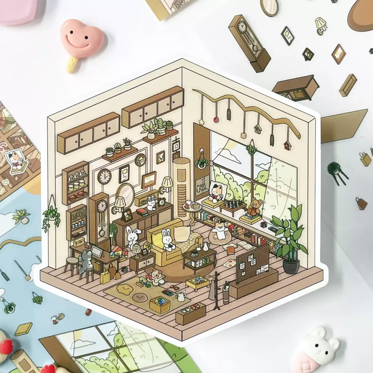 The Life Party | 3D Scene Stickers — Living Room from ASMR Stickers brings a cozy and inviting home space to life. This miniature sticker scene features a charming living room filled with adorable animal characters, plush furniture, decorative plants, and warm lighting, creating a relaxing and homely atmosphere. The scene showcases characters engaging in various activities, such as reading, working on a computer, and lounging on the sofa, adding depth and storytelling. The shelves are adorned with books, clocks, and picture frames, while the large windows reveal a scenic outdoor view, enhancing the cozy aesthetic. The intricate details make this sticker visually captivating and immersive. Perfect for DIY sticker decoration, planner embellishments, and creative journaling, this 3D scene stickers is ideal for sticker collectors, ASMR enthusiasts, and home decor lovers. Its high-quality, reusable design makes it a great addition to scrapbooks, lifestyle crafts, and creative expression. Experience the warmth and charm of a beautifully designed living space with this delightful sticker set!