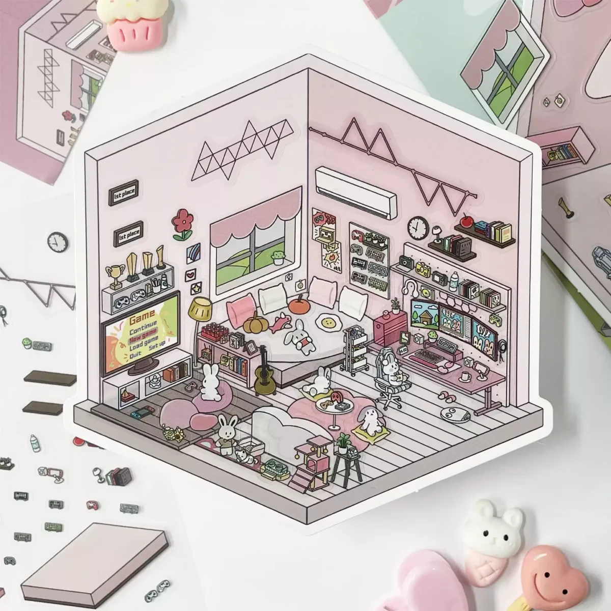 The Life Party | 3D Scene Stickers — Gaming Room from ASMR Stickers brings a vibrant and immersive gaming space to life. This miniature sticker scene features a cozy setup filled with multiple monitors, a keyboard, gaming consoles, and plush seating, creating the perfect environment for gaming enthusiasts. The scene showcases adorable bunny characters engaging in various activities, such as playing guitar, reading, and gaming, adding charm and storytelling. The shelves are stocked with books, trophies, and collectibles, while the walls are decorated with posters and a clock, enhancing the lively atmosphere. The intricate details make this sticker visually captivating and dynamic. Perfect for DIY sticker decoration, planner embellishments, and creative journaling, this 3D scene stickers is ideal for sticker collectors, ASMR enthusiasts, and gaming lovers. Its high-quality, reusable design makes it a great addition to scrapbooks, lifestyle crafts, and creative expression. Experience the excitement of a personalized gaming space with this beautifully crafted sticker set!