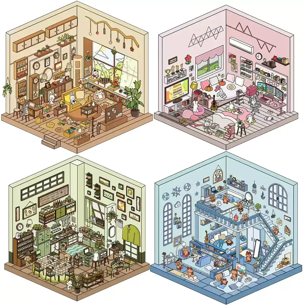 The Life Party | 3D Scene Stickers from ASMR Stickers bring four lively home environments to life. This miniature sticker collection features a living room, gaming room, kitchen, and bedroom, each designed with intricate details and vibrant colors. Living Room showcases a cozy space with plush furniture, decorative plants, and a warm ambiance, creating a welcoming atmosphere. Gaming Room is packed with gaming consoles, screens, controllers, and neon lights, capturing the excitement of a gamer’s paradise. Kitchen highlights a bustling cooking area with stoves, baking tools, fresh ingredients, and delicious meals, making it perfect for food lovers. Bedroom presents a relaxing retreat with a comfy bed, personal items, and a computer setup, reflecting a cozy and personalized space. Perfect for DIY sticker decoration, planner embellishments, and creative journaling, these 3D scene stickers are ideal for sticker collectors, ASMR enthusiasts, and home decor lovers. Their high-quality, reusable design makes them great for scrapbooks, lifestyle crafts, and creative expression. Experience the charm of everyday life with this beautifully crafted sticker set!