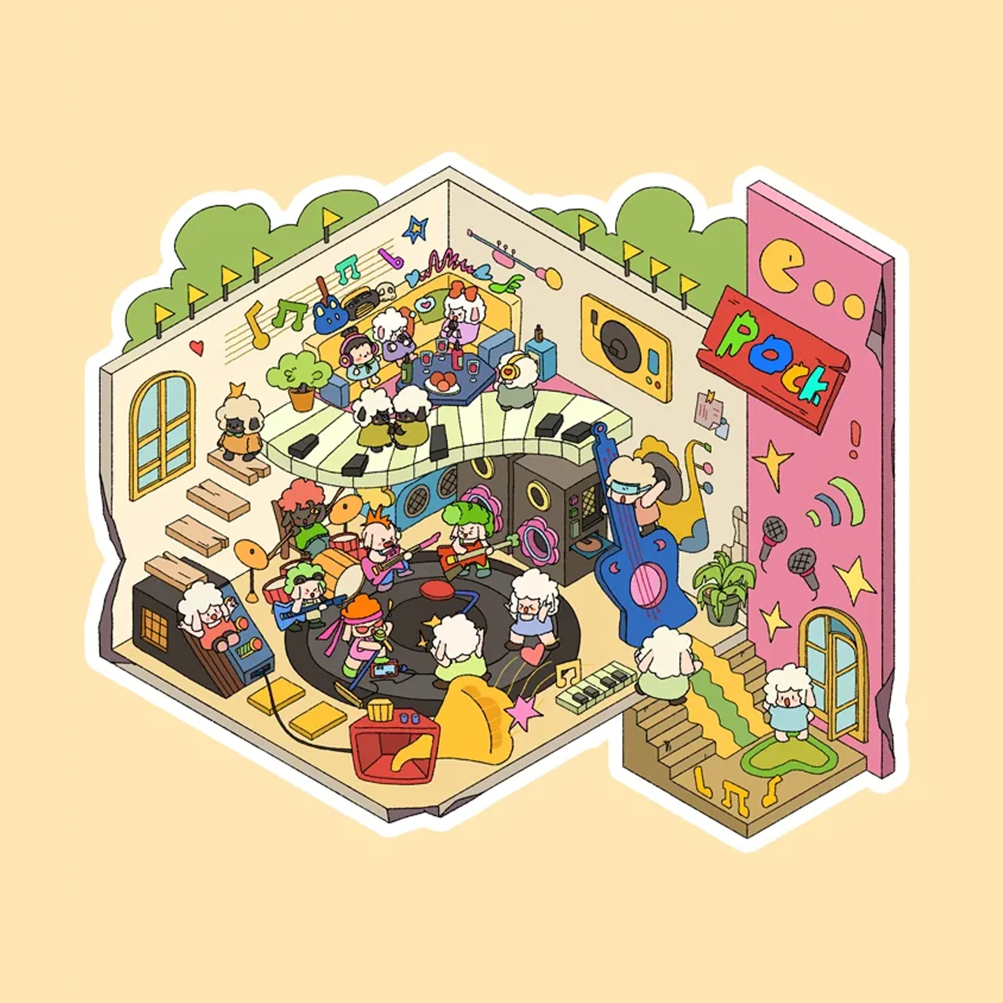 The Little Lamb Band Music Cottage | Cute Scene Stickers from ASMR Stickers brings a lively music-themed sticker set to life. This Cute Scene Stickers features adorable lamb characters playing instruments like guitars, drums, keyboards, and bass, creating a fun and energetic atmosphere. The cottage is decorated with musical notes, stars, microphones, and speakers, enhancing the vibrant concert setting. The lambs are positioned in different areas, including a stage, a recording studio, and a lounge, making the scene dynamic and interactive. Perfect for DIY sticker decoration, planner embellishments, and creative journaling, this Cute Scene Stickers is ideal for sticker collectors, ASMR enthusiasts, and interactive sticker games. Its high-quality, reusable design makes it a great addition to scrapbooks, music-themed crafts, and creative expression. Experience the joy of music with this beautifully crafted sticker set!