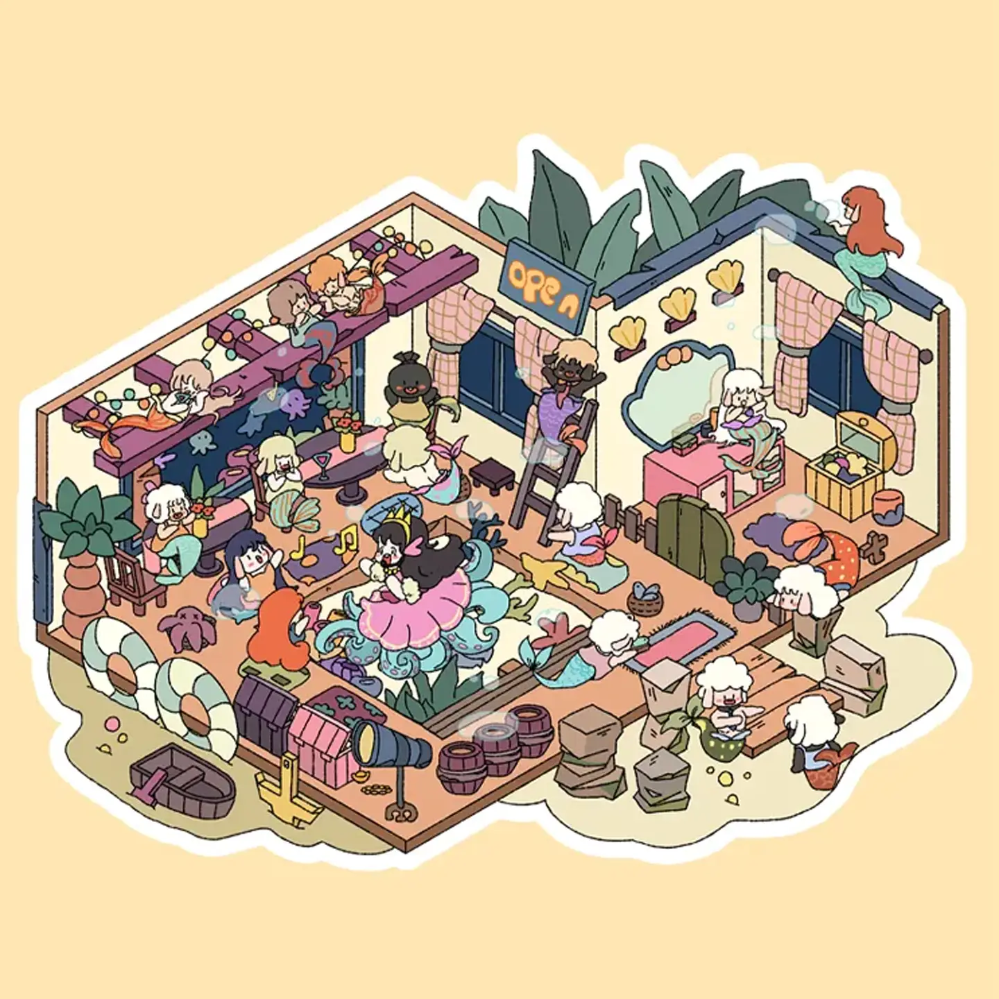 The Mermaid Cottage | Kawaii Scene Stickers from ASMR Stickers brings an enchanting underwater world to life. This kawaii scene stickers features a cozy mermaid-themed cottage adorned with seashells, starfish, and aquatic plants, creating a magical oceanic atmosphere. Inside the cottage, mermaids are seen lounging, playing musical instruments, and interacting, adding a lively touch to the scene. The setting includes a treasure chest, barrels, a telescope, and a bar area, enhancing the nautical theme. The vibrant colors and intricate details make it visually captivating. Perfect for DIY sticker decoration, planner embellishments, and creative journaling, this kawaii scene stickers is ideal for sticker collectors, ASMR enthusiasts, and interactive sticker games. Its high-quality, reusable design makes it a great addition to scrapbooks, fantasy-themed crafts, and creative expression. Dive into the magic of the mermaid world with this beautifully crafted sticker set!