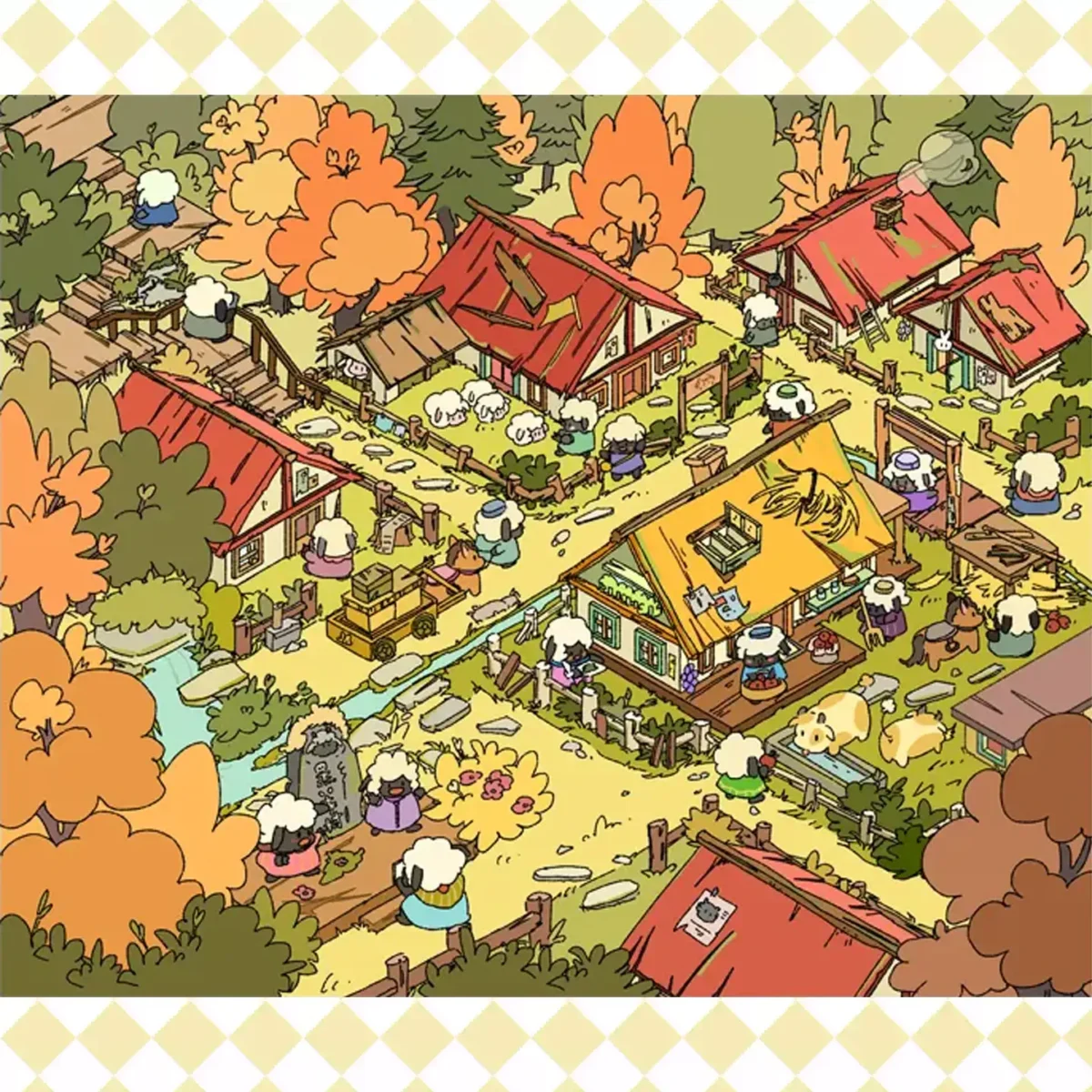 The Autumn Sheep Village | Sticker Scene from ASMR Stickers captures the charm of a peaceful countryside in fall. This sticker scene features a cozy village with quaint houses, wooden fences, and vibrant autumn foliage, creating a warm and inviting atmosphere. The scene includes adorable sheep engaging in daily activities like walking, resting, and interacting with their surroundings, alongside carts, barrels, and tools scattered throughout the village. The rich details enhance the realism, making it perfect for DIY sticker decoration, planner embellishments, and creative journaling. Ideal for sticker collectors, ASMR enthusiasts, and interactive sticker games, this sticker scene offers a stress-relief experience with its high-quality, reusable design. Whether used for scrapbooks, seasonal crafts, or creative expression, this sticker set brings the beauty of autumn to life!