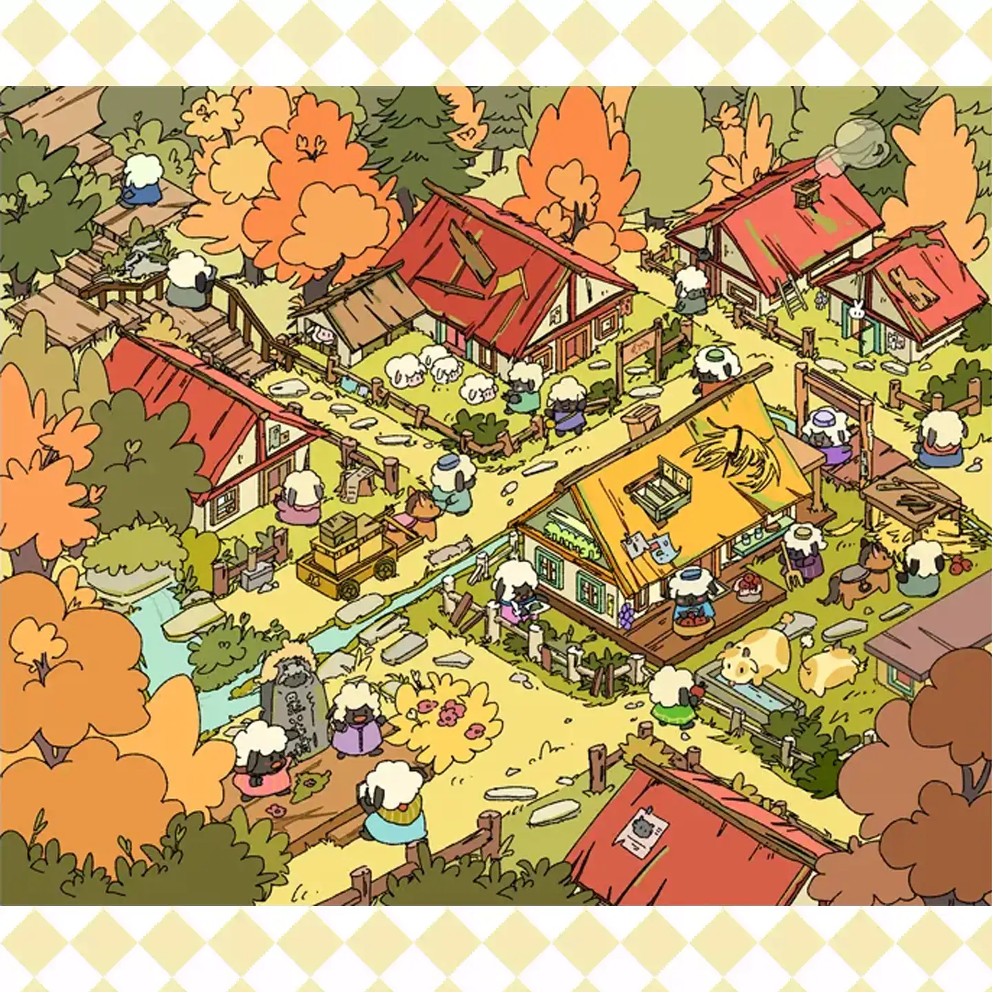 The Autumn Sheep Village | Sticker Scene from ASMR Stickers captures the charm of a peaceful countryside in fall. This sticker scene features a cozy village with quaint houses, wooden fences, and vibrant autumn foliage, creating a warm and inviting atmosphere. The scene includes adorable sheep engaging in daily activities like walking, resting, and interacting with their surroundings, alongside carts, barrels, and tools scattered throughout the village. The rich details enhance the realism, making it perfect for DIY sticker decoration, planner embellishments, and creative journaling. Ideal for sticker collectors, ASMR enthusiasts, and interactive sticker games, this sticker scene offers a stress-relief experience with its high-quality, reusable design. Whether used for scrapbooks, seasonal crafts, or creative expression, this sticker set brings the beauty of autumn to life!