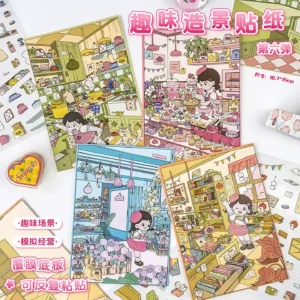 The Cute Sticker Scene | 3D Miniature Stickers from ASMR Stickers bring four delightful themes to life. This miniature sticker collection features Kitchen, Cake Shop, Flower Shop, and Picture Book Library, each designed with intricate details and vibrant colors. Kitchen showcases a cozy cooking space with shelves stocked with ingredients, kitchenware, and adorable animal characters preparing meals, creating a warm and inviting atmosphere. Cake Shop is filled with beautifully decorated pastries, cakes, and sweets, capturing the charm of a bustling bakery. Flower Shop highlights a vibrant storefront with lush greenery, colorful bouquets, and charming decor, making it a perfect scene for nature lovers. Picture Book Library presents a cozy reading nook with bookshelves, comfy seating, and whimsical decorations, evoking a peaceful and imaginative setting. Perfect for DIY sticker decoration, planner embellishments, and creative journaling, these Cute Sticker Scenes are ideal for sticker collectors, ASMR enthusiasts, and craft lovers. Their high-quality, reusable design makes them great for scrapbooks, themed crafts, and decorative displays. Add a touch of charm and creativity to your collection with this beautifully crafted sticker set!