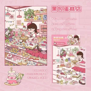 The Cute Sticker Scene | 3D Miniature Stickers — Cake Shop from ASMR Stickers transforms your creative projects with a whimsical miniature cake shop scene. The product image showcases a charming bakery setting bursting with pastel-colored cakes, cupcakes, and pastries neatly arranged on vintage display shelves. A friendly girl, dressed in a playful apron, is captured decorating a cake with smooth icing and colorful sprinkles, inviting you into a world of sweet indulgence. Meticulously crafted details such as delicate frosting, decorative baking tools, and festive banners bring an enchanting and cozy ambiance to life. Crafted from high-quality, reusable materials, this cute sticker scene set is ideal for DIY sticker decoration, planner embellishments, scrapbooking, and creative journaling. Its imaginative design makes it a standout collectible for art lovers, craft enthusiasts, and ASMR fans alike. Add a delightful touch of sweetness to your projects and let your creativity soar with this unique cake shop sticker set.