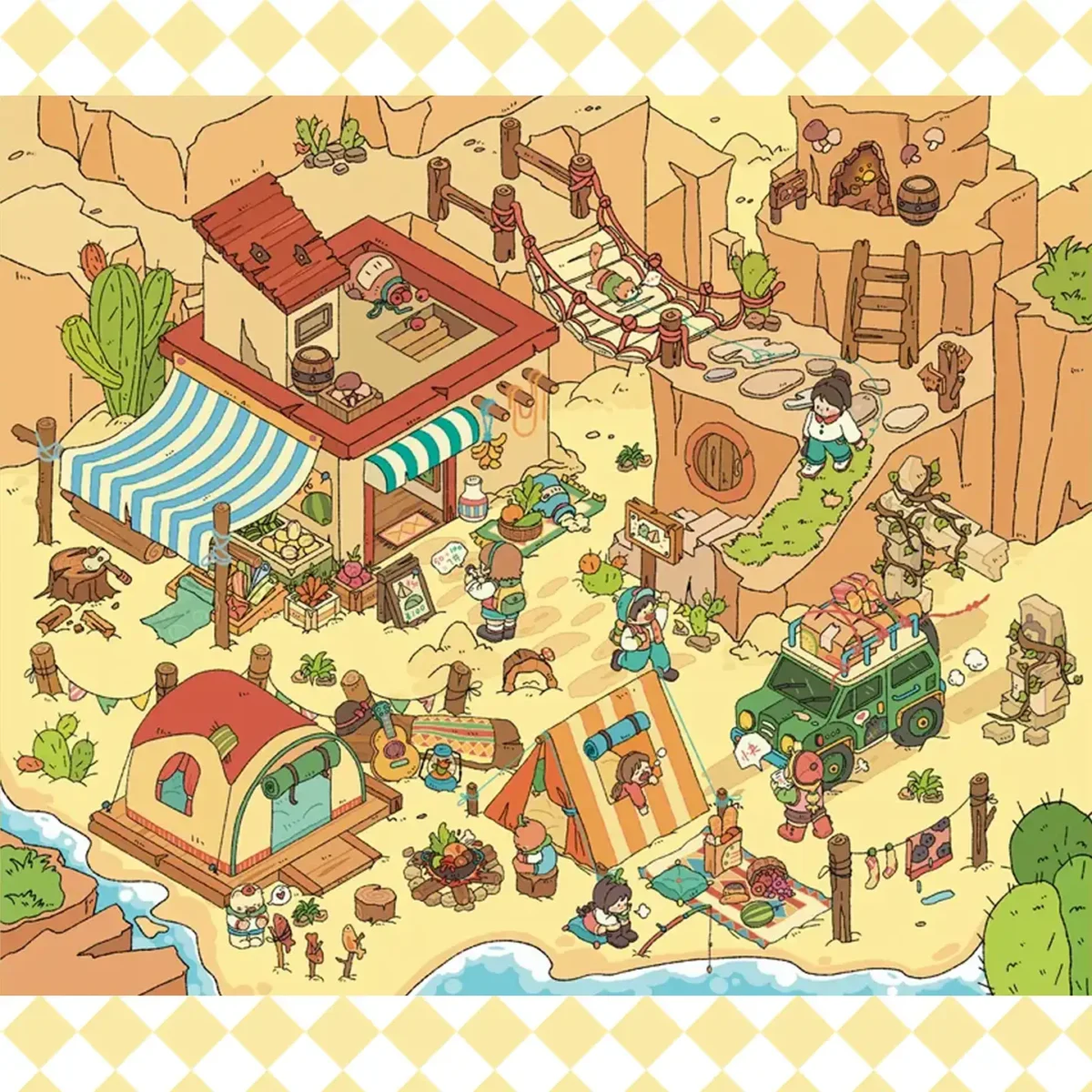 The Desert Oasis | 3D Miniature Sticker Scene from ASMR Stickers brings a vibrant desert adventure to life. This 3D miniature sticker features a lively campsite with a striped-roof building, a hammock area, a market stall, and a flowing river, creating an immersive oasis setting. The scene includes characters engaged in activities like cooking over a campfire, reading a map, and relaxing in a hammock, alongside a green jeep loaded with luggage, a tent, and rocky cliffs with cacti. The intricate details enhance the realism, making it perfect for DIY sticker decoration, planner embellishments, and creative journaling. Ideal for sticker collectors, ASMR enthusiasts, and interactive sticker games, this 3D miniature sticker scene offers a stress-relief experience with its high-quality, reusable design. Whether used for scrapbooks, holiday crafts, or creative expression, this sticker set captures the essence of a desert oasis in a fun and artistic way!
