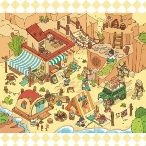 The Desert Oasis | 3D Miniature Sticker Scene from ASMR Stickers brings a vibrant desert adventure to life. This 3D miniature sticker features a lively campsite with a striped-roof building, a hammock area, a market stall, and a flowing river, creating an immersive oasis setting. The scene includes characters engaged in activities like cooking over a campfire, reading a map, and relaxing in a hammock, alongside a green jeep loaded with luggage, a tent, and rocky cliffs with cacti. The intricate details enhance the realism, making it perfect for DIY sticker decoration, planner embellishments, and creative journaling. Ideal for sticker collectors, ASMR enthusiasts, and interactive sticker games, this 3D miniature sticker scene offers a stress-relief experience with its high-quality, reusable design. Whether used for scrapbooks, holiday crafts, or creative expression, this sticker set captures the essence of a desert oasis in a fun and artistic way!