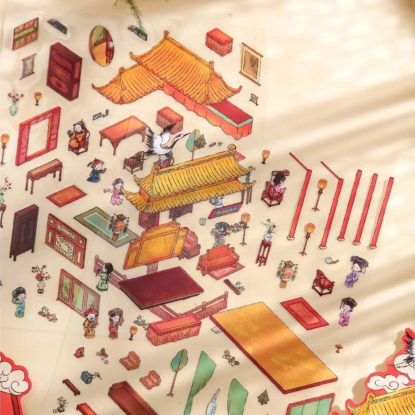 The Empresses in the Palace Scene Stickers | 3D Scene Sticker – Chinese Palace from ASMR Stickers brings the opulence of imperial China to life in exquisite detail. This meticulously crafted 3D scene sticker showcases a lavish palace interior adorned with ornate furnishings, intricate wooden carvings, and rich red drapery accented by gleaming gold trim. Every element evokes the splendor of ancient dynasties, making it a perfect decorative piece for collectors, DIY enthusiasts, and planners alike. Ideal for use in planner embellishments, scrapbooking, and creative journaling, this high-quality, reusable sticker set seamlessly merges historical elegance with modern artistry. Its SEO-friendly design and detailed craftsmanship make it a standout addition to the ASMR Stickers collection, enabling you to transform your projects into captivating displays of cultural heritage.