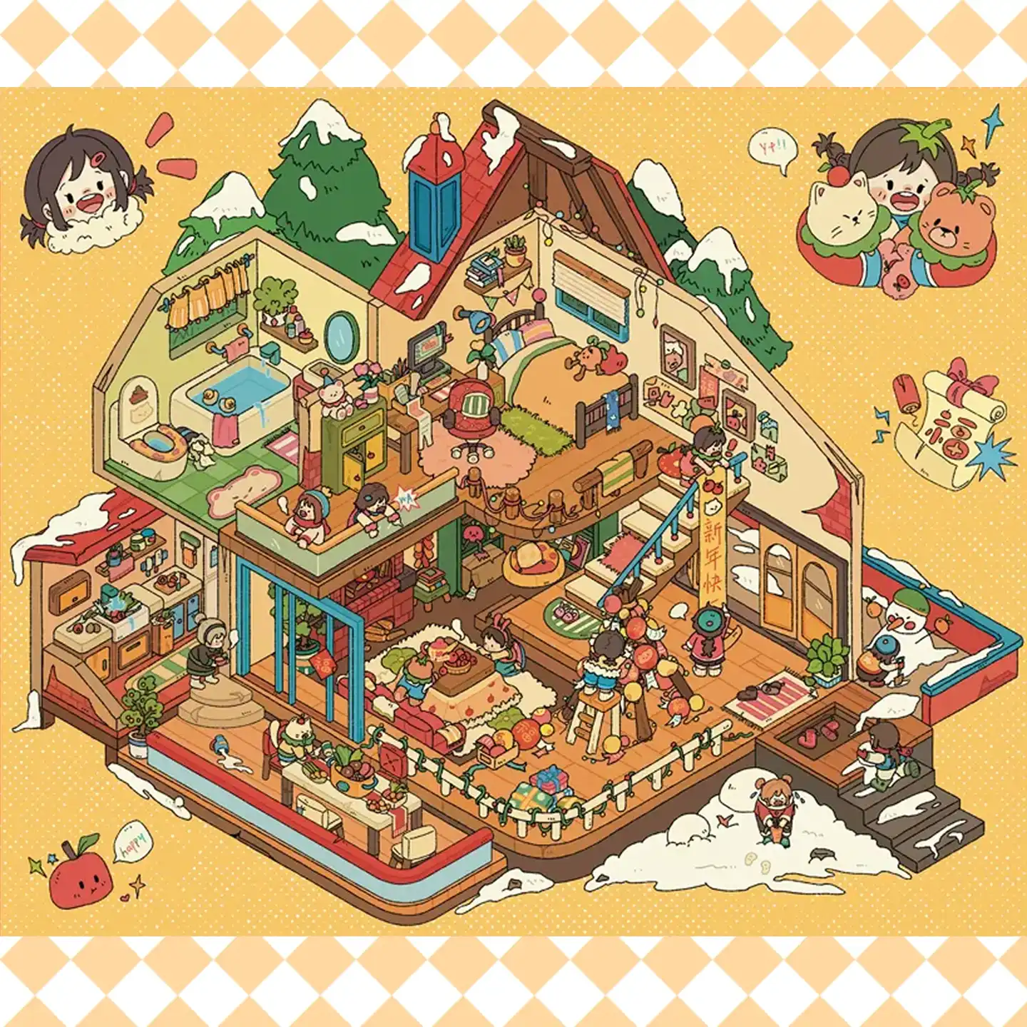 The New Year Party | 3D Sticker Scene from ASMR Stickers captures the festive joy of a holiday celebration. This 3D sticker scene features a cozy house filled with characters cooking, decorating, playing, and relaxing, creating a warm and lively atmosphere. The interior showcases a kitchen, living room, bathroom, and bedroom, all adorned with lanterns, banners, and festive lights. Outside, snow-covered ground, a snowman, and children playing add to the winter charm. The intricate details make it perfect for DIY sticker decoration, planner embellishments, and creative journaling. Ideal for sticker collectors, ASMR enthusiasts, and interactive sticker games, this high-quality, reusable sticker set enhances scrapbooks, holiday crafts, and festive displays. Celebrate the New Year with this beautifully crafted 3D sticker scene, bringing warmth and creativity to your collection!