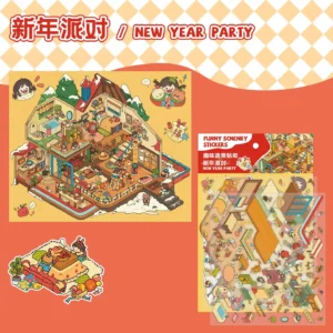 The New Year Party | 3D Sticker Scene from ASMR Stickers captures the festive joy of a holiday celebration. This 3D sticker scene features a cozy house filled with characters cooking, decorating, playing, and relaxing, creating a warm and lively atmosphere. The interior showcases a kitchen, living room, bathroom, and bedroom, all adorned with lanterns, banners, and festive lights. Outside, snow-covered ground, a snowman, and children playing add to the winter charm. The intricate details make it perfect for DIY sticker decoration, planner embellishments, and creative journaling. Ideal for sticker collectors, ASMR enthusiasts, and interactive sticker games, this high-quality, reusable sticker set enhances scrapbooks, holiday crafts, and festive displays. Celebrate the New Year with this beautifully crafted 3D sticker scene, bringing warmth and creativity to your collection!