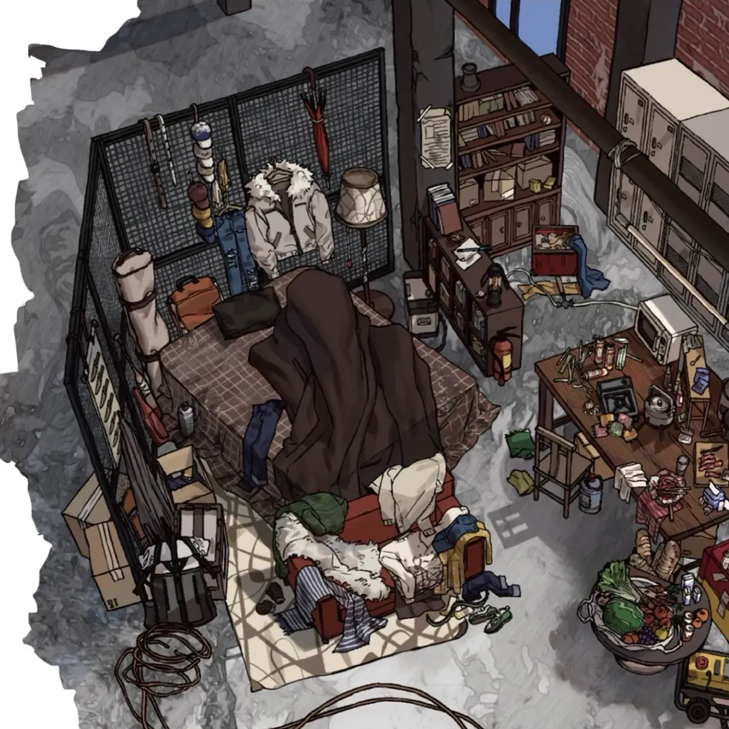 Discover the charm of solitude and survival with the Secret Hideout Scene Sticker by ASMR Stickers. This highly detailed 3D miniature scene sticker recreates a cozy, post-apocalyptic sanctuary tucked away in a rugged urban loft. The scene features a makeshift bed surrounded by hanging coats and everyday essentials, a well-used wooden worktable cluttered with food, tools, and electronics, and shelves stacked with books and survival gear. Lockers line the wall next to a boarded-up window, adding to the hideout’s secretive vibe. From the vegetables in a metal basin to the scattered clothes and flickering lamps, every element brings immersive realism and storytelling potential. It’s a perfect sticker for journaling, scrapbooking, or decorating planners and DIY art projects. Whether you're a fan of diorama-style art, 3D stickers, or storytelling through scenes, this scene sticker invites you into a world of imagination and cozy chaos. Ideal for ASMR lovers, collectors, and creative dreamers looking for a mini escape.