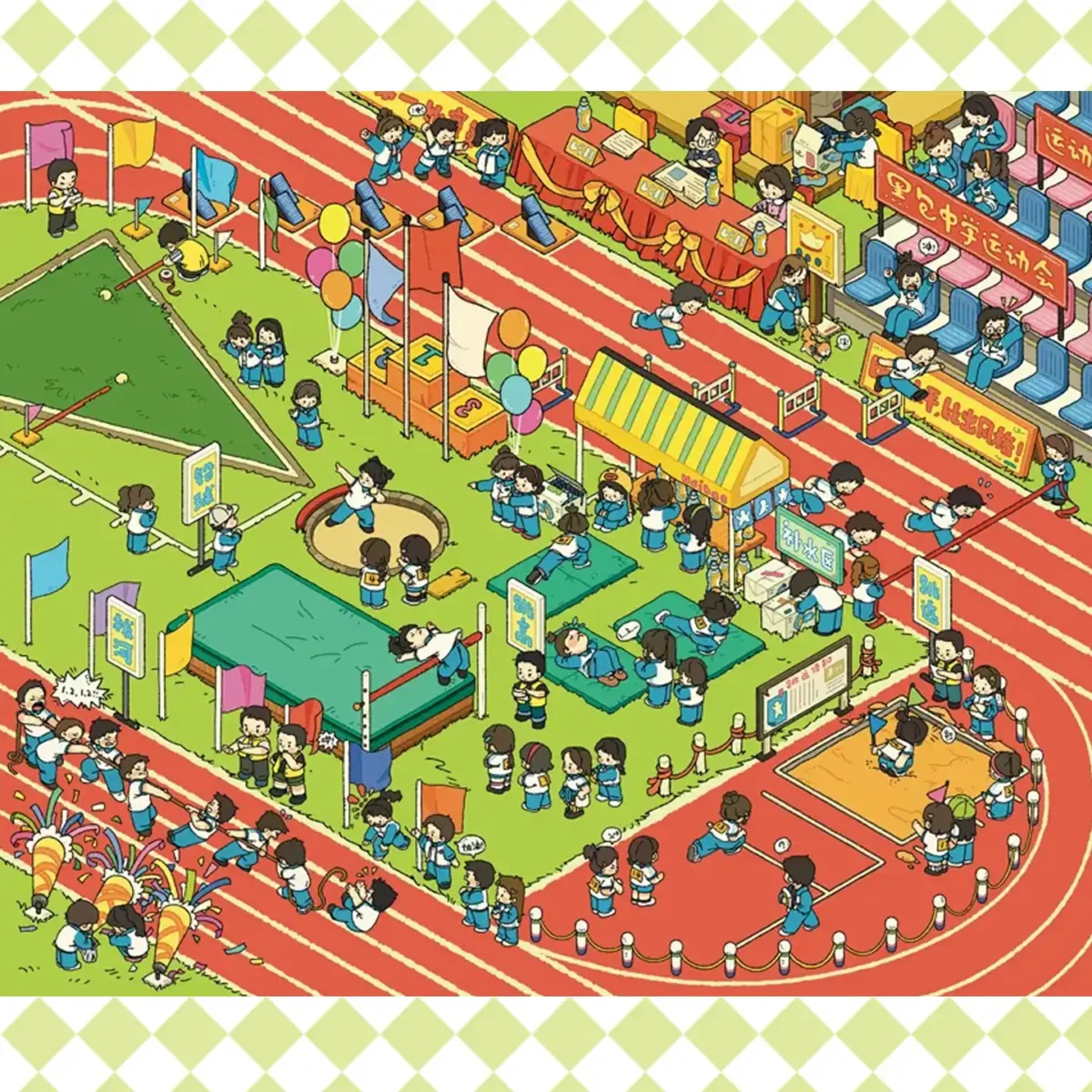 The Sports Day | ASMR Sticker Scene from ASMR Stickers captures the excitement of a lively school sports event. This 3D scene sticker features children participating in various athletic activities, including relay races, high jump, long jump, and track events, creating a dynamic and energetic atmosphere. The scene is filled with colorful uniforms, cheering spectators, festive decorations like flags and balloons, and a vibrant competition setting. The detailed design enhances the realism, making it perfect for DIY sticker decoration, planner embellishments, and creative journaling. Ideal for sticker collectors, ASMR enthusiasts, and interactive sticker games, this ASMR sticker scene offers a stress-relief experience with its high-quality, reusable design. Whether used for scrapbooks, holiday crafts, or creative expression, this sticker set brings the joy of sports day to life!