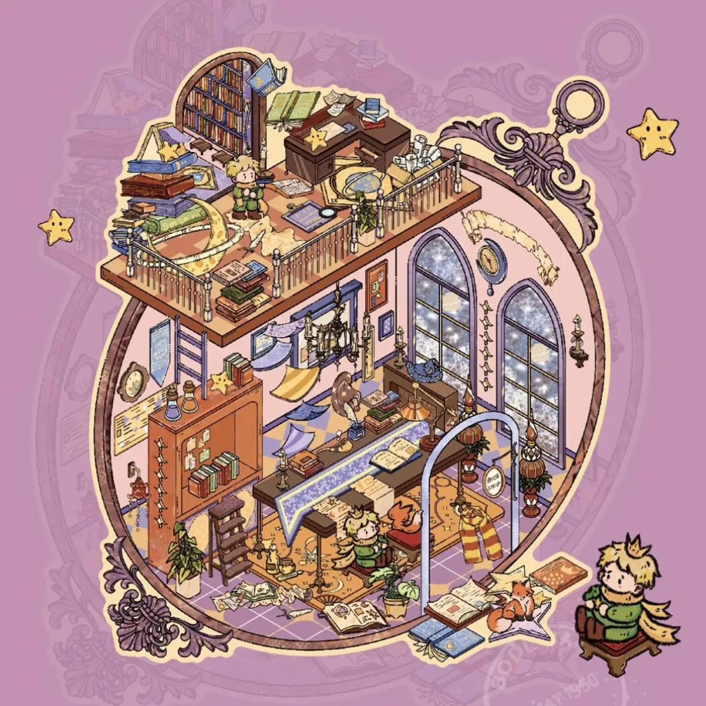 The Little Prince Scene Stickers | 2.0 Series – Magical Bookstore from ASMR Stickers transports you into a whimsical literary haven. This 3D scene sticker showcases a beautifully detailed bookstore filled with towering bookshelves, antique lamps, and enchanting scrolls, creating a cozy and immersive atmosphere. The upper level features a reading nook with The Little Prince surrounded by books, a desk, and decorative elements, while the lower level presents a workspace with more books, scrolls, and a fox companion. Large arched windows, chandeliers, and intricate shelves enhance the magical ambiance, making this sticker visually captivating. Perfect for DIY sticker decoration, planner embellishments, and creative journaling, this high-quality, reusable sticker set is ideal for book lovers, ASMR enthusiasts, and collectors. Elevate your projects with the charm of the Magical Bookstore, where literature and fantasy intertwine in a breathtaking display.