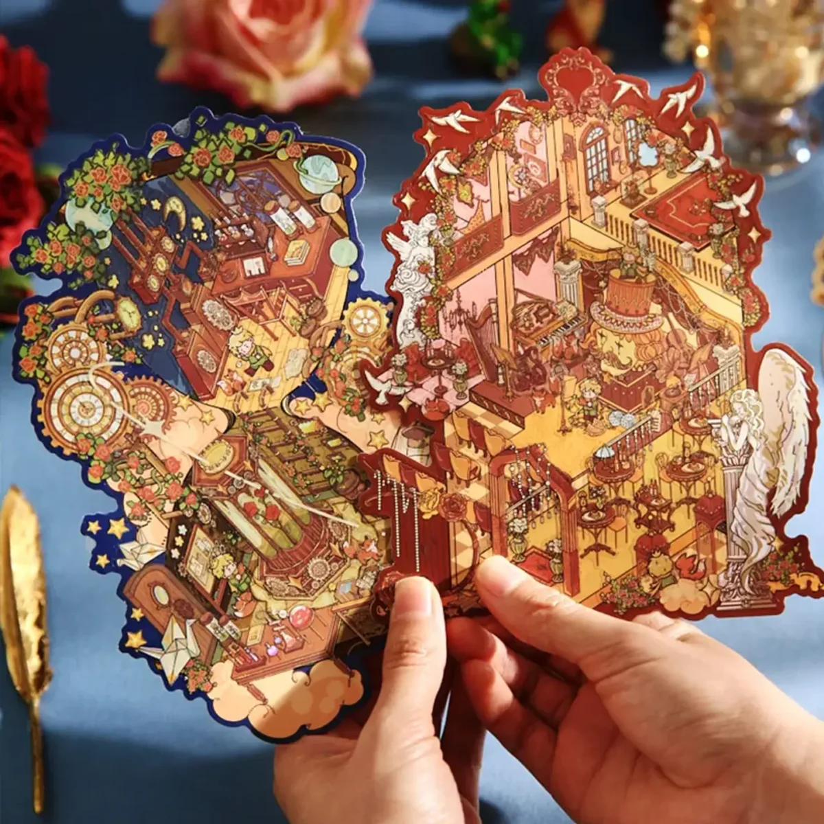 The Little Prince Scene Stickers | 2.0 Series – Rose Prelude from ASMR Stickers captures the poetic beauty of a dreamy rose-filled sanctuary. This 3D scene sticker showcases an elegant multi-level space adorned with lush roses, intricate angelic statues, and delicate vines, creating a serene and enchanting atmosphere. The upper level features a grand piano and a harp, surrounded by ornate furniture and soft candlelight, evoking a sense of musical tranquility. The lower level is designed as a cozy lounge with tables, chairs, and flowing drapery, where The Little Prince sits on a cloud, holding a star-tipped wand, adding a whimsical touch. White doves gracefully soar through the scene, enhancing the ethereal ambiance. Perfect for DIY sticker decoration, planner embellishments, and creative journaling, this high-quality, reusable sticker set is ideal for art lovers, ASMR enthusiasts, and collectors. Elevate your projects with the romantic charm of Rose Prelude, where fantasy and elegance intertwine in a breathtaking display.