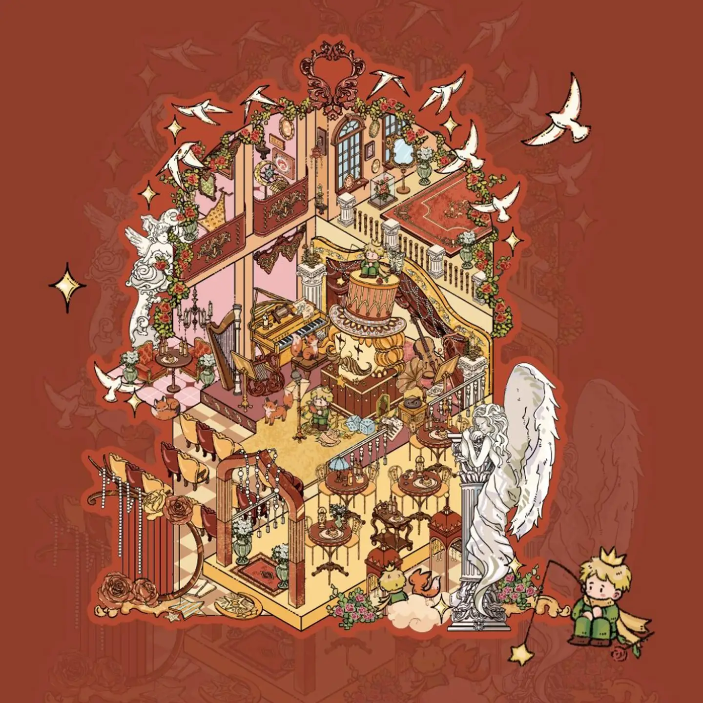 The Little Prince Scene Stickers | 2.0 Series – Rose Prelude from ASMR Stickers captures the poetic beauty of a dreamy rose-filled sanctuary. This 3D scene sticker showcases an elegant multi-level space adorned with lush roses, intricate angelic statues, and delicate vines, creating a serene and enchanting atmosphere. The upper level features a grand piano and a harp, surrounded by ornate furniture and soft candlelight, evoking a sense of musical tranquility. The lower level is designed as a cozy lounge with tables, chairs, and flowing drapery, where The Little Prince sits on a cloud, holding a star-tipped wand, adding a whimsical touch. White doves gracefully soar through the scene, enhancing the ethereal ambiance. Perfect for DIY sticker decoration, planner embellishments, and creative journaling, this high-quality, reusable sticker set is ideal for art lovers, ASMR enthusiasts, and collectors. Elevate your projects with the romantic charm of Rose Prelude, where fantasy and elegance intertwine in a breathtaking display.