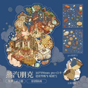 The Little Prince Scene Stickers | 2.0 Series – Steampunk Dream from ASMR Stickers transports you into a mesmerizing world of gears, brass accents, and intricate machinery. This 3D scene sticker blends vintage aesthetics with futuristic innovation, creating a visually stunning steampunk-inspired environment. The scene features a grand observatory with towering gears, antique books, and celestial instruments, where The Little Prince explores the mysteries of time and space. A mechanical airship hovers above, surrounded by floating lanterns and intricate clockwork designs, adding depth and movement to the composition. The warm golden tones, metallic textures, and detailed engravings enhance the immersive experience, making this sticker a true collector’s piece. Perfect for DIY sticker decoration, planner embellishments, and creative journaling, this high-quality, reusable sticker set is ideal for art lovers, ASMR enthusiasts, and steampunk fans. Elevate your projects with the imaginative charm of Steampunk Dream, where fantasy and mechanics intertwine in a breathtaking display.