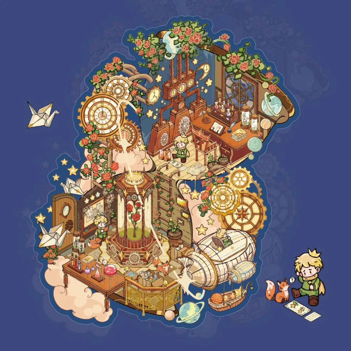 The Little Prince Scene Stickers | 2.0 Series – Steampunk Dream from ASMR Stickers transports you into a mesmerizing world of gears, brass accents, and intricate machinery. This 3D scene sticker blends vintage aesthetics with futuristic innovation, creating a visually stunning steampunk-inspired environment. The scene features a grand observatory with towering gears, antique books, and celestial instruments, where The Little Prince explores the mysteries of time and space. A mechanical airship hovers above, surrounded by floating lanterns and intricate clockwork designs, adding depth and movement to the composition. The warm golden tones, metallic textures, and detailed engravings enhance the immersive experience, making this sticker a true collector’s piece. Perfect for DIY sticker decoration, planner embellishments, and creative journaling, this high-quality, reusable sticker set is ideal for art lovers, ASMR enthusiasts, and steampunk fans. Elevate your projects with the imaginative charm of Steampunk Dream, where fantasy and mechanics intertwine in a breathtaking display.
