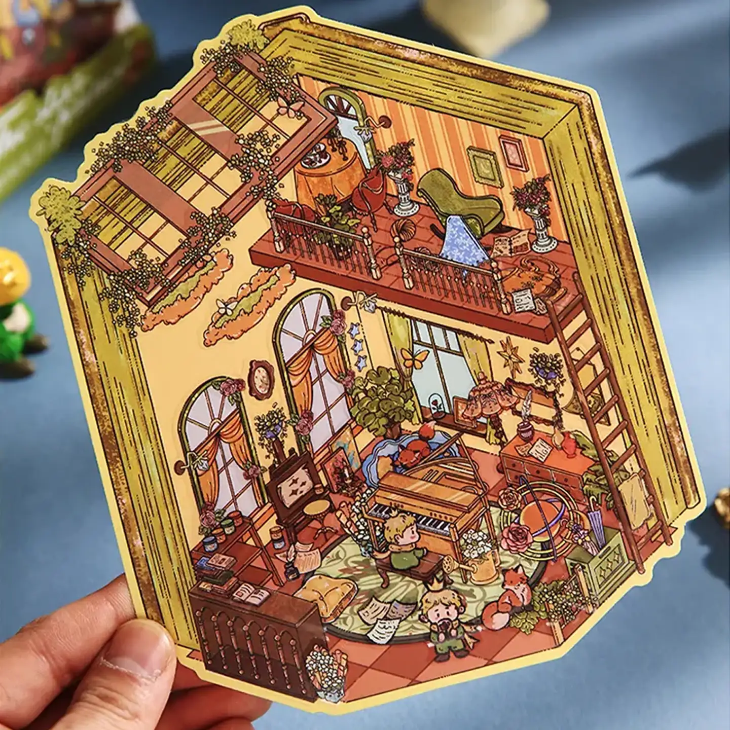 The Little Prince Scene Stickers | 2.0 Series – Tranquil Greenhouse from ASMR Stickers brings a serene botanical retreat to life. This 3D scene sticker showcases a multi-level greenhouse filled with lush greenery, cozy furnishings, and whimsical details, creating a peaceful and immersive atmosphere. The lower level features a piano surrounded by books, plants, and art supplies, where The Little Prince plays music while another reads nearby. Two foxes rest on a bed, adding warmth to the scene. The upper level includes a tea table, a green armchair, and hanging plants, offering a tranquil space for relaxation. A ladder connects the floors, while large windows and flowing curtains enhance the airy, sunlit ambiance. Perfect for DIY sticker decoration, planner embellishments, and creative journaling, this high-quality, reusable sticker set is ideal for art lovers, ASMR enthusiasts, and collectors. Elevate your projects with the enchanting charm of the Tranquil Greenhouse, where nature and creativity harmoniously blend.