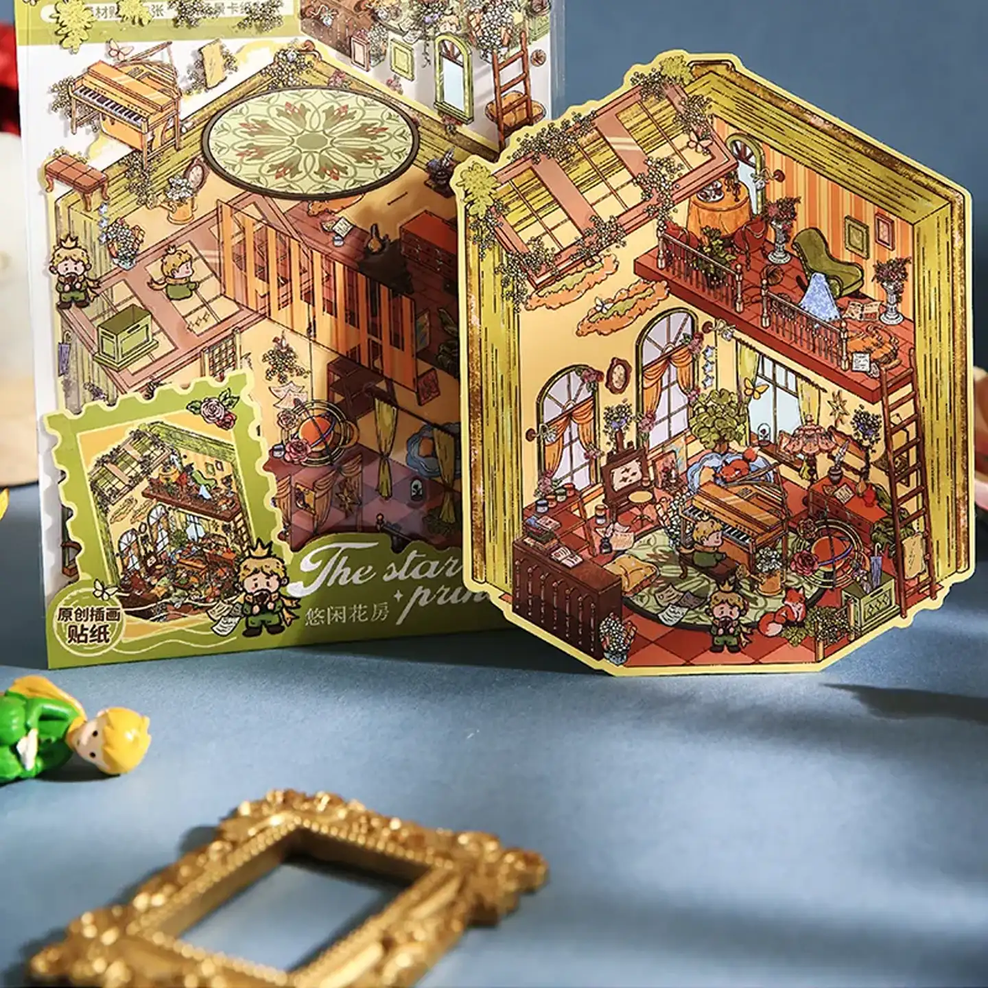 The Little Prince Scene Stickers | 2.0 Series – Tranquil Greenhouse from ASMR Stickers brings a serene botanical retreat to life. This 3D scene sticker showcases a multi-level greenhouse filled with lush greenery, cozy furnishings, and whimsical details, creating a peaceful and immersive atmosphere. The lower level features a piano surrounded by books, plants, and art supplies, where The Little Prince plays music while another reads nearby. Two foxes rest on a bed, adding warmth to the scene. The upper level includes a tea table, a green armchair, and hanging plants, offering a tranquil space for relaxation. A ladder connects the floors, while large windows and flowing curtains enhance the airy, sunlit ambiance. Perfect for DIY sticker decoration, planner embellishments, and creative journaling, this high-quality, reusable sticker set is ideal for art lovers, ASMR enthusiasts, and collectors. Elevate your projects with the enchanting charm of the Tranquil Greenhouse, where nature and creativity harmoniously blend.