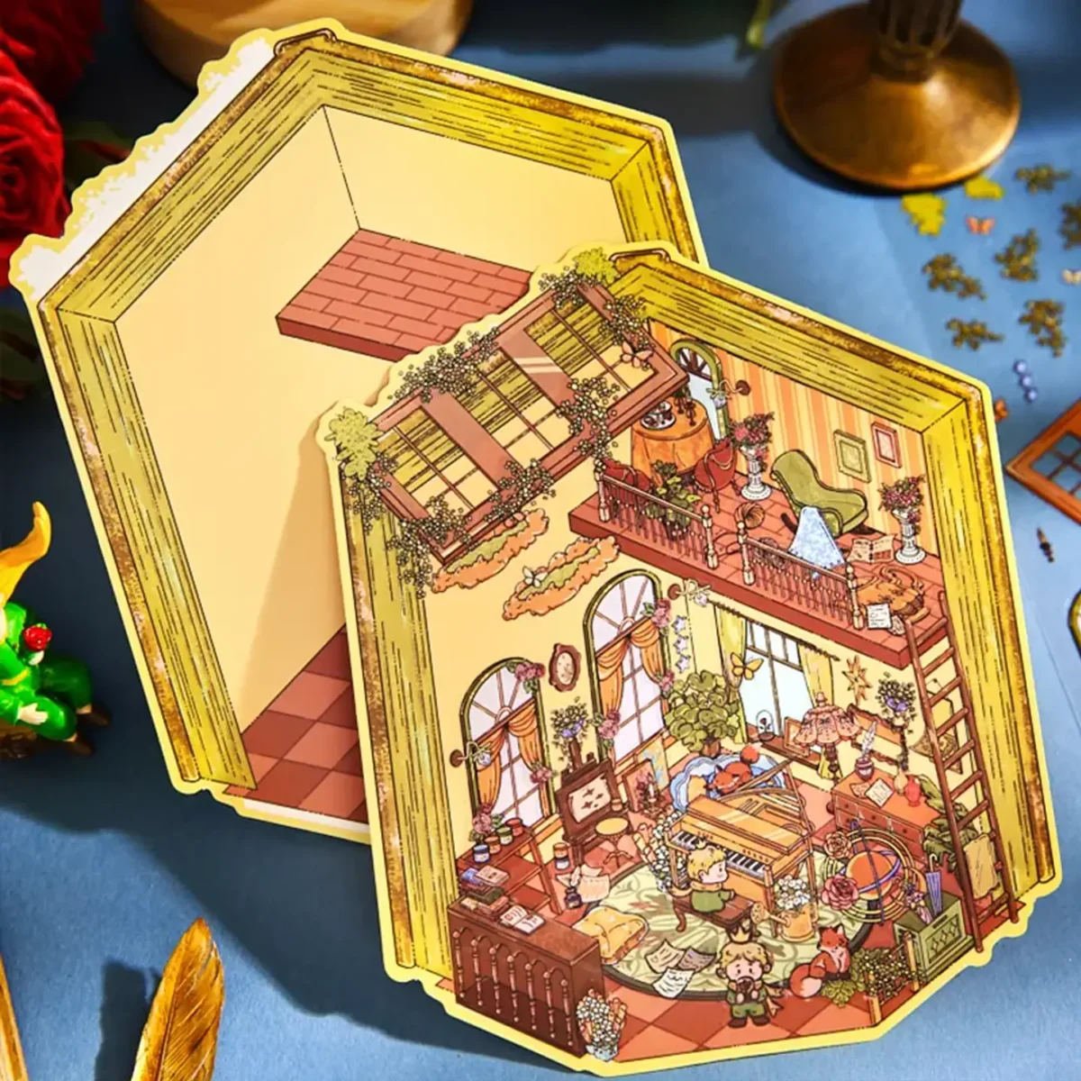 The Little Prince Scene Stickers | 2.0 Series – Tranquil Greenhouse from ASMR Stickers brings a serene botanical retreat to life. This 3D scene sticker showcases a multi-level greenhouse filled with lush greenery, cozy furnishings, and whimsical details, creating a peaceful and immersive atmosphere. The lower level features a piano surrounded by books, plants, and art supplies, where The Little Prince plays music while another reads nearby. Two foxes rest on a bed, adding warmth to the scene. The upper level includes a tea table, a green armchair, and hanging plants, offering a tranquil space for relaxation. A ladder connects the floors, while large windows and flowing curtains enhance the airy, sunlit ambiance. Perfect for DIY sticker decoration, planner embellishments, and creative journaling, this high-quality, reusable sticker set is ideal for art lovers, ASMR enthusiasts, and collectors. Elevate your projects with the enchanting charm of the Tranquil Greenhouse, where nature and creativity harmoniously blend.
