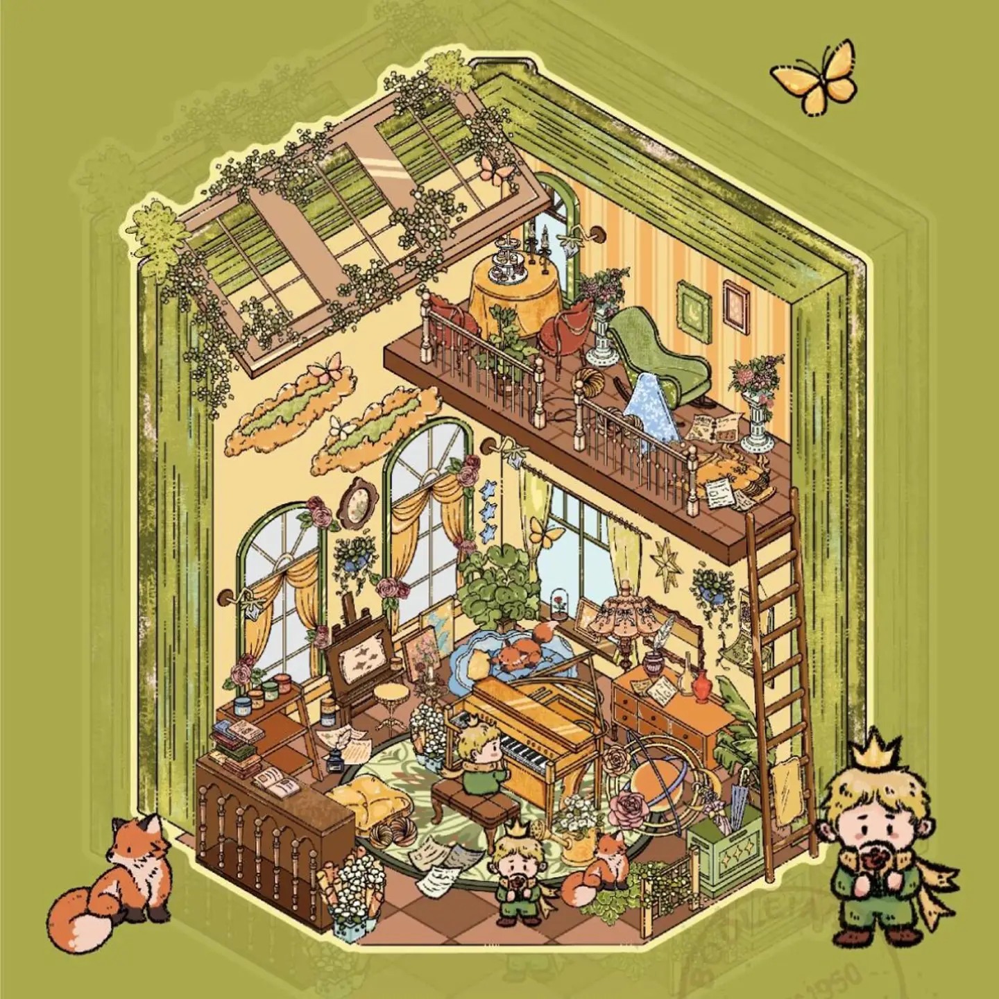 The Little Prince Scene Stickers | 2.0 Series – Tranquil Greenhouse from ASMR Stickers brings a serene botanical retreat to life. This 3D scene sticker showcases a multi-level greenhouse filled with lush greenery, cozy furnishings, and whimsical details, creating a peaceful and immersive atmosphere. The lower level features a piano surrounded by books, plants, and art supplies, where The Little Prince plays music while another reads nearby. Two foxes rest on a bed, adding warmth to the scene. The upper level includes a tea table, a green armchair, and hanging plants, offering a tranquil space for relaxation. A ladder connects the floors, while large windows and flowing curtains enhance the airy, sunlit ambiance. Perfect for DIY sticker decoration, planner embellishments, and creative journaling, this high-quality, reusable sticker set is ideal for art lovers, ASMR enthusiasts, and collectors. Elevate your projects with the enchanting charm of the Tranquil Greenhouse, where nature and creativity harmoniously blend.